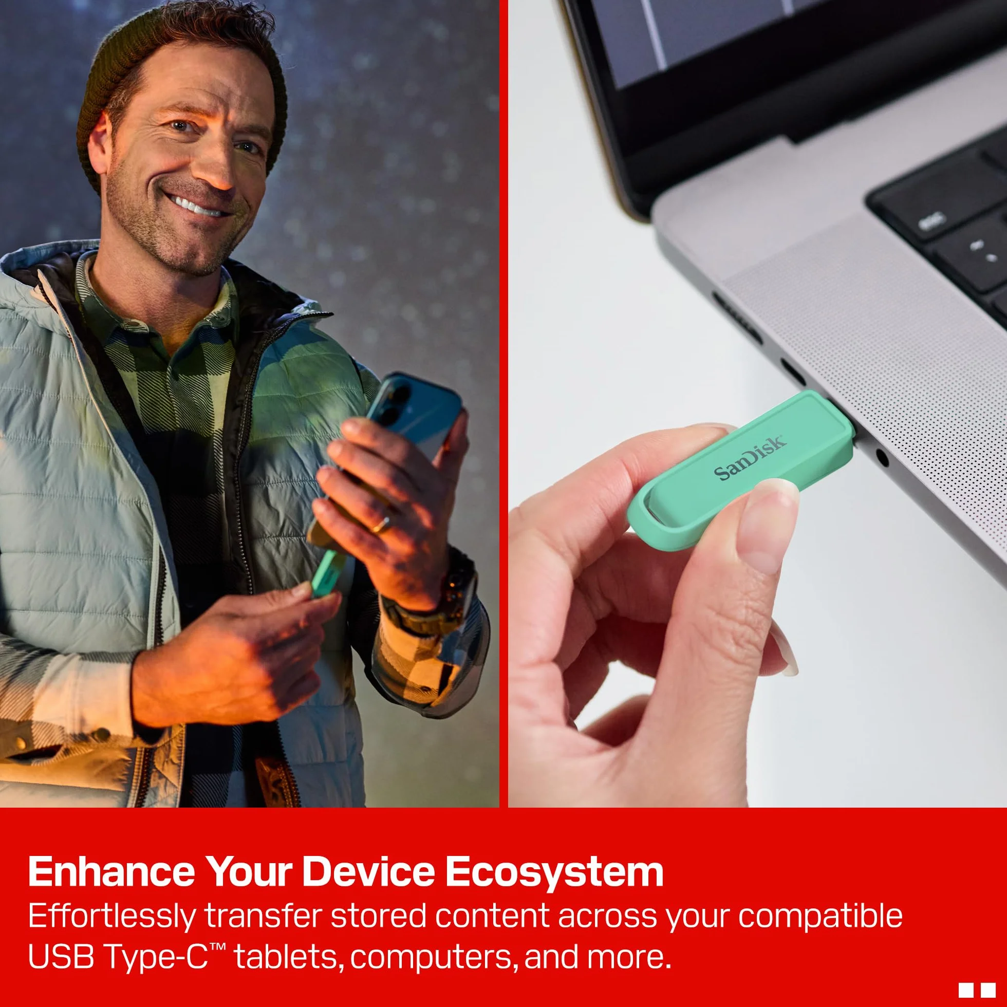 SanDisk Phone Drive z USB Type-C 512 GB (do telefonu, do smartfonów, tabletów i komputerów, prędkością 150 MB/s, Wykonuj automatyczne kopie, Dzięki odzyskiwaniu) - Seafoam Green