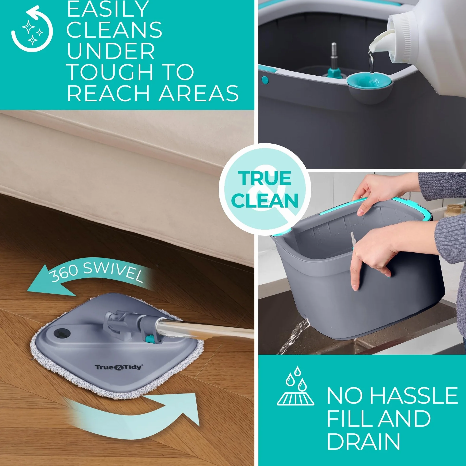 True & Tidy, True Clean Spin Mop i system wiadra, zawiera mop obrotowy, dwukomorowe wiadro do mopa i 2 grube zmywalne podkładki do mopa z mikrofibry, SPIN-800A, szary.
