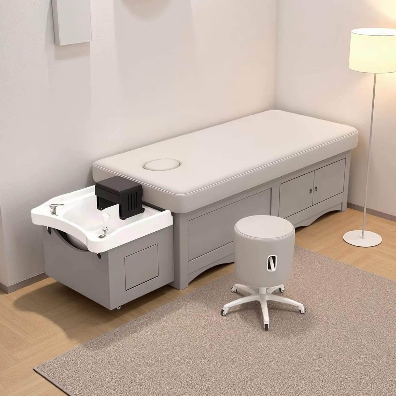 Łóżko do szamponu Salon Head SPA, wielofunkcyjny stół kosmetyczny z cyrkulacją wody, funkcja szamponu, zabieg odprowadzania wilgoci, minimalistyczny design, delikatne odcienie (beżowy