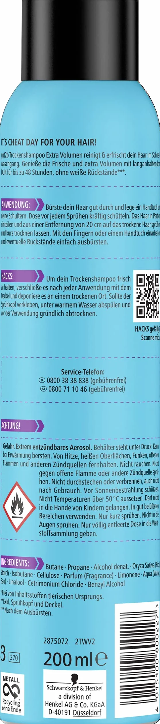 got2b Suchy szampon do prania na sucho, ekstra pojemność (200 ml), suchy szampon z natychmiastowym efektem świeżości i zwiększeniem objętości, suchy szampon bez pozostałości, o zapachu do 48 h