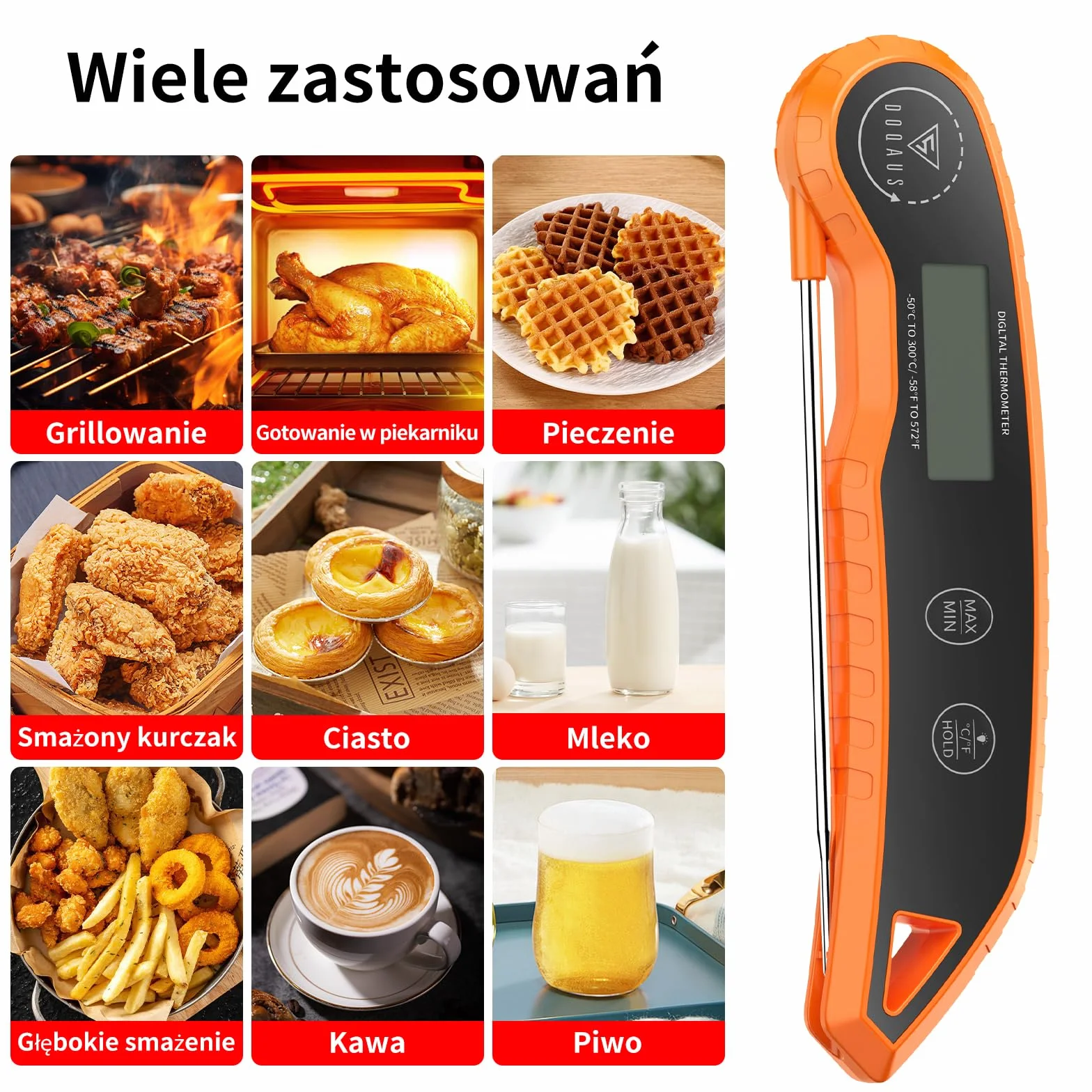 DOQAUS Termometr do grillowania, Cyfrowy Termometr, Natychmiastowy Odczyt w 3 Sekundy, Dokładność ±0,5℃, Podświetlany Ekran Lcd, Do Kuchni, Żywności Dla Niemowląt, Grilla, Oleju (Pomarańczowy)
