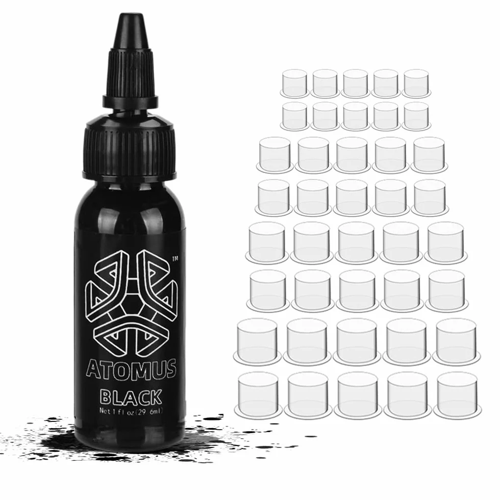 ATOMUS Czarny Tusz do Tatuażu 30ml - Naturalny Pigment Roślinny do Makijażu Permanentnego z 10 Kubeczkami S M L XL