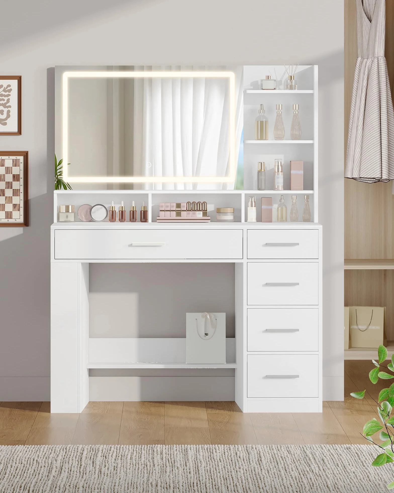 Hzuaneri Toaletka z Lustrem Hd i Oświetleniem Led, 6 Przegrodami, 5 Szufladami