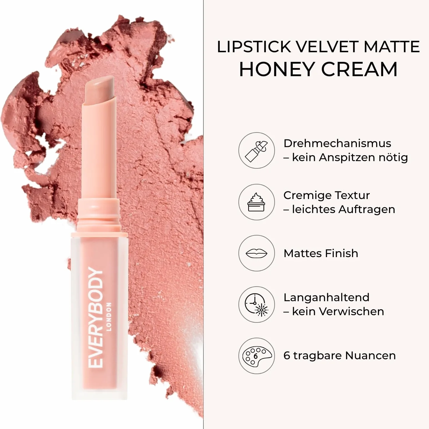 EVERYBODY LONDON Pomadka do ust Velvet Matte Honey Cream ze skwalanem, ciepły nude