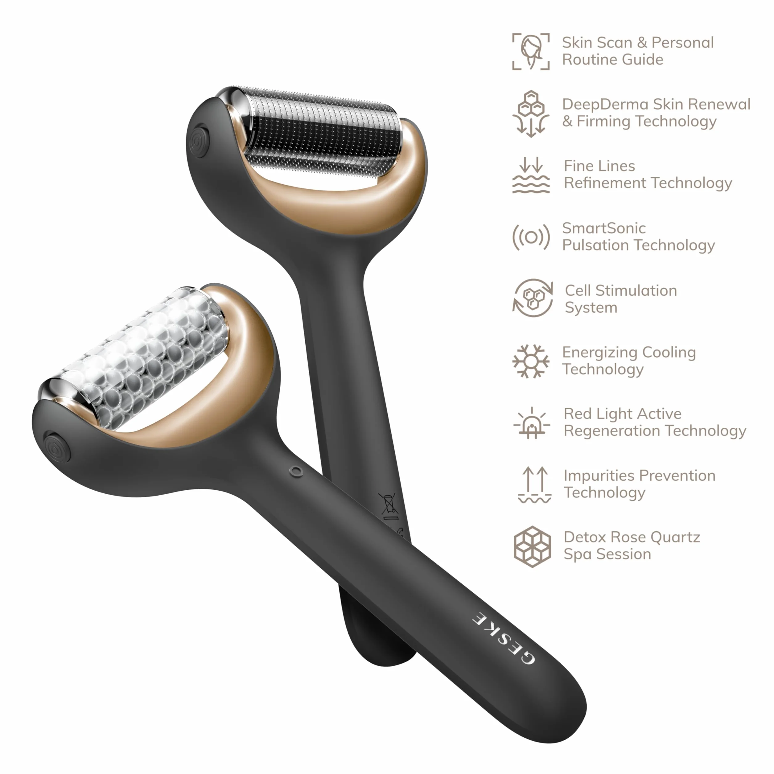 GESKE | Roller do twarzy i ciała z mikroigłami SmartAppGuided™ | 9 w 1 | Derma Roller | z kwarcem różowym | Elektryczny roller | mikronakłuwanie | Urządzenie do mikronakłuwania | wałek igłowy