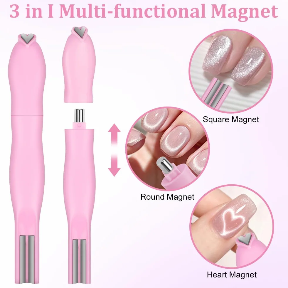 Magnesy z kocimi oczami do paznokci, 3 w 1 Cat Eye Magnet do zdobienia paznokci, magnes żelowy do paznokci, DIY Nail do tworzenia wzorów w kształcie serca, francuski, różowy