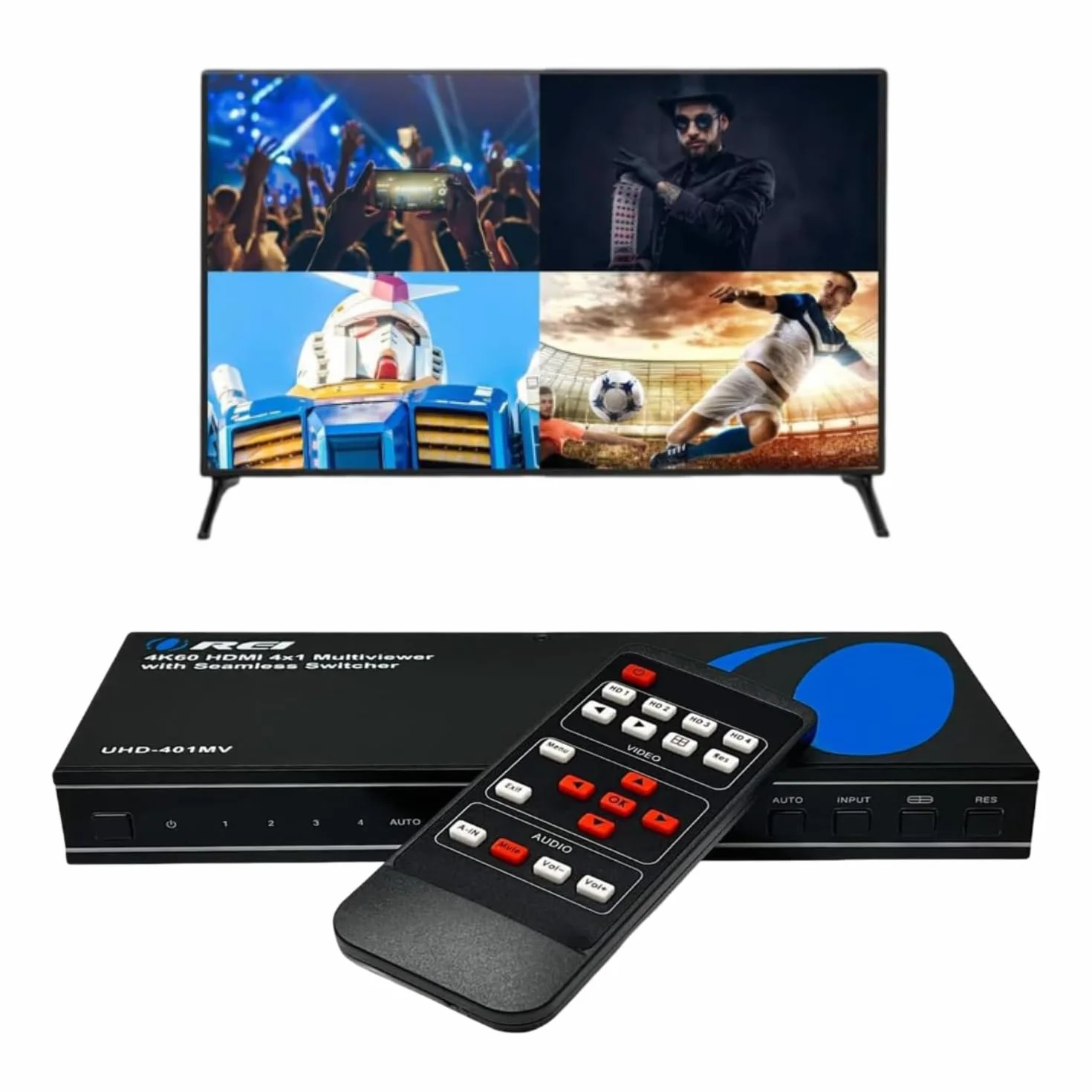 OREI 4K UHD-401MV Multi HDMI Viewer 4 w 1 Wyjście 4 porty Bezszwowy pilot na podczerwień Obsługa 4K @ 60 Hz 1080p do PS4/PC/DVD/kamery bezpieczeństwa, przełącznik HDMI