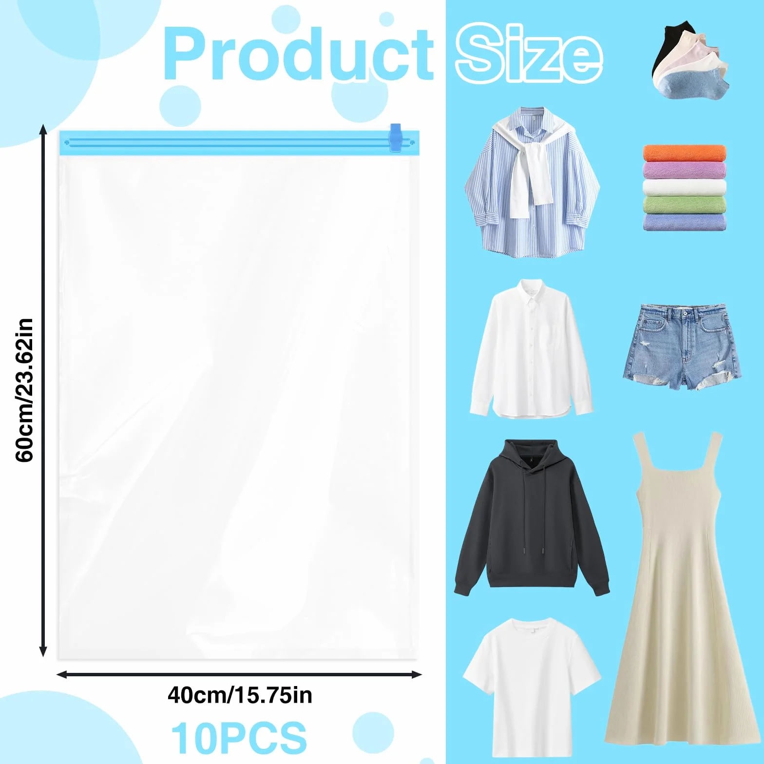 10 sztuk worków próżniowych na ubrania, 40 x 60 cm, worki próżniowe do ubrań, wielokrotnego użytku, worki próżniowe do przechowywania ubrań, do domu, podróży