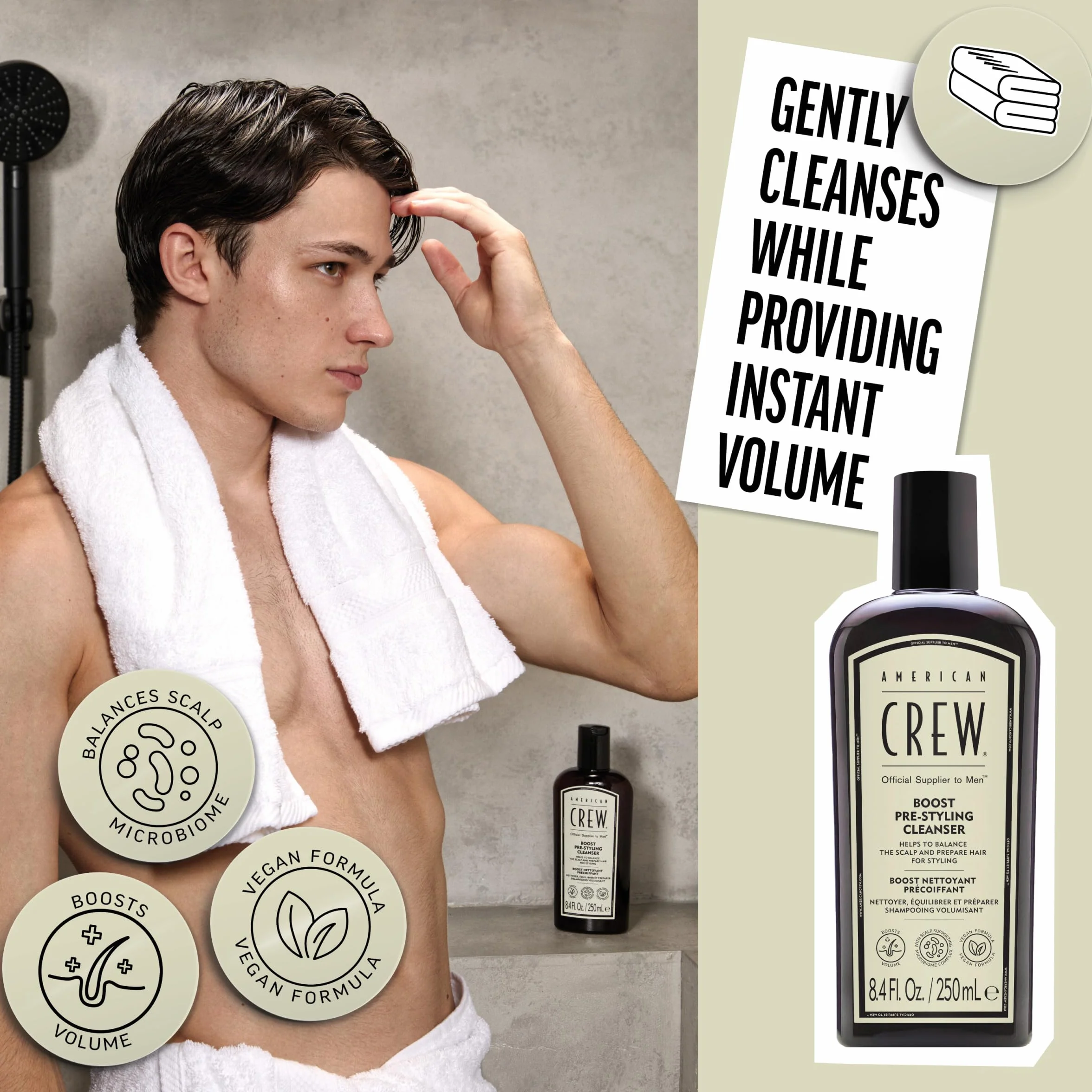 American Crew Boost Pre-Styling Shampoo - Zwiększający objętość produktu do stylizacji dla mężczyzn - Wegański szampon dla mężczyzn z cienkimi lub płaskimi włosami - 250ML