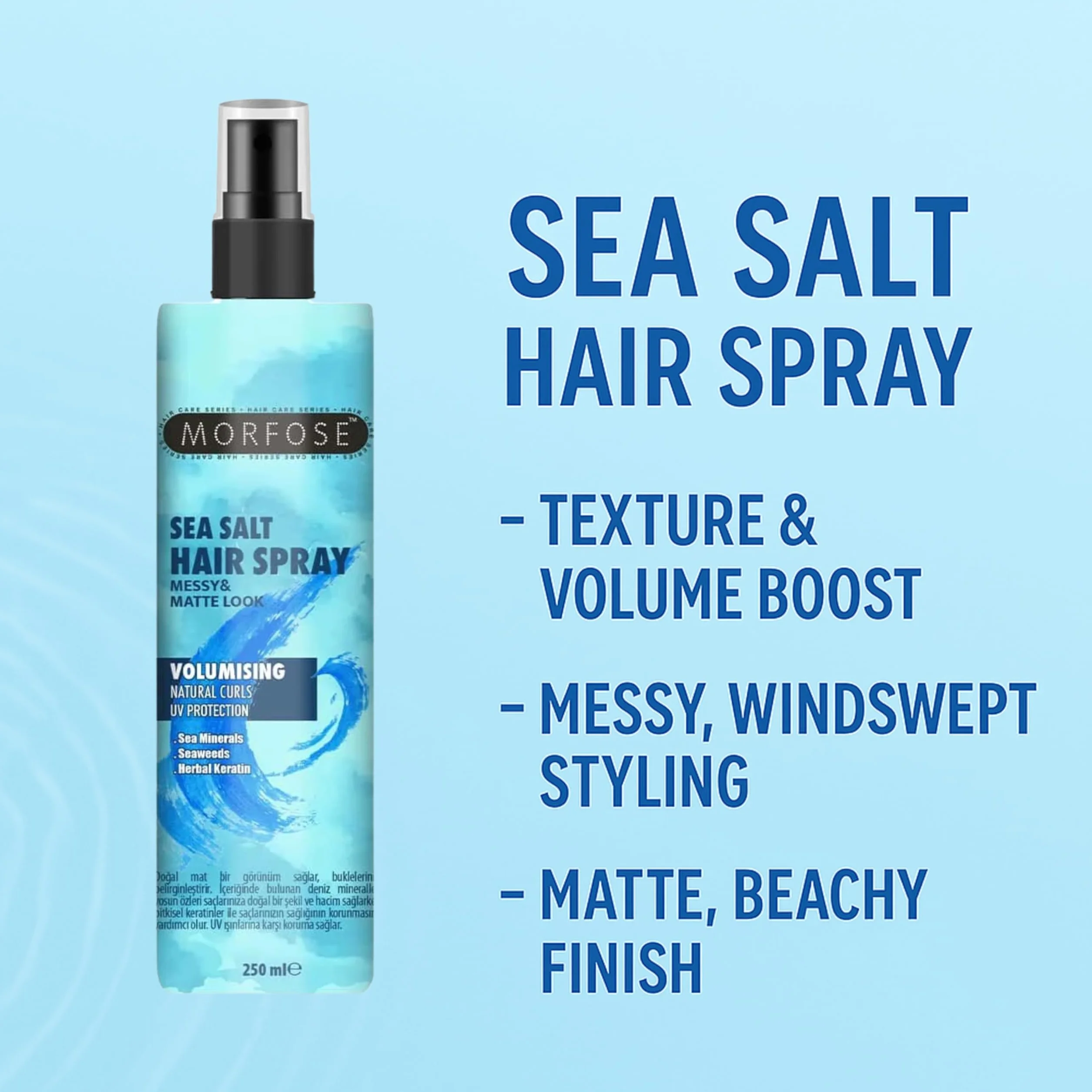 Morfose Sea Salt Hair Spray 250 ml – sól morska w sprayu dla objętości i tekstury – swobodny wygląd plaży z matowym wykończeniem – z minerałami morskimi i keratyną roślinną