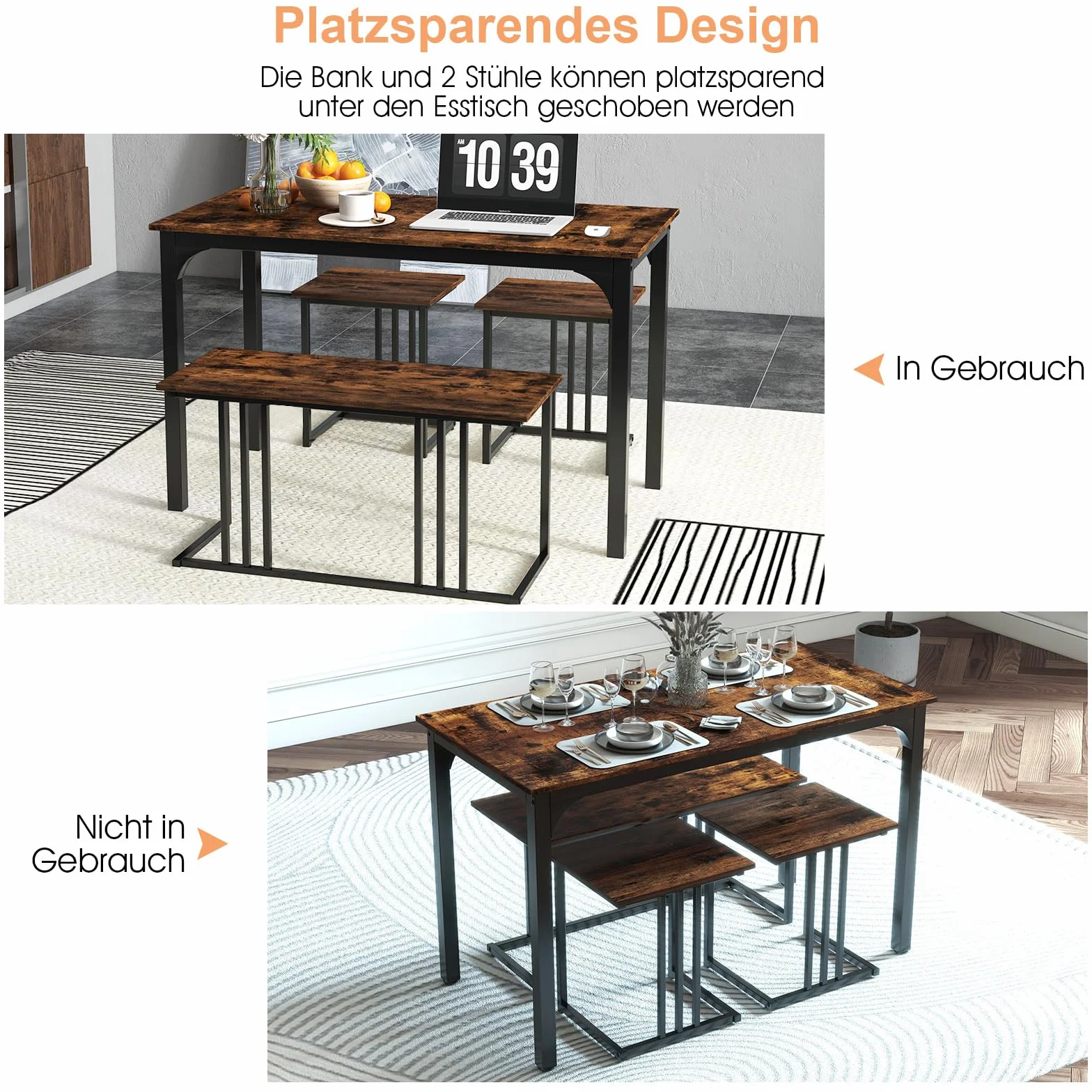COSTWAY Stół do jadalni z ławką i 2 taboretami, zestaw 4 szt., stół kuchenny, przemysłowy zestaw do jadalni, restauracji, stół barowy z krzesłami, zestaw mebli do siedzenia w stylu vintage (120 x 60 x