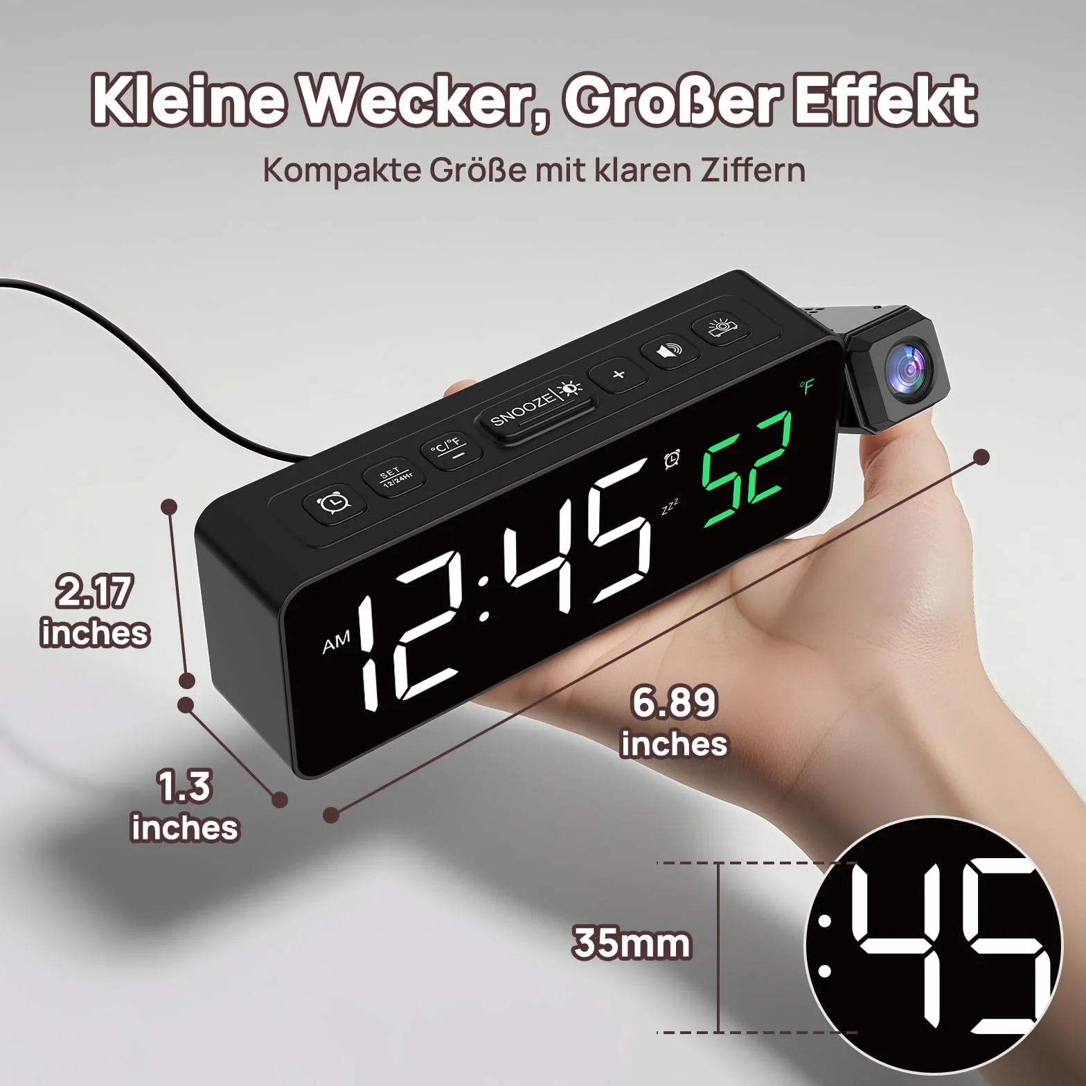 Budzik projekcyjny cyfrowy z projektorem 180°, wyświetlacz LED, 4 jasności, 3 głośności, 9 min drzemki, 12/24 h