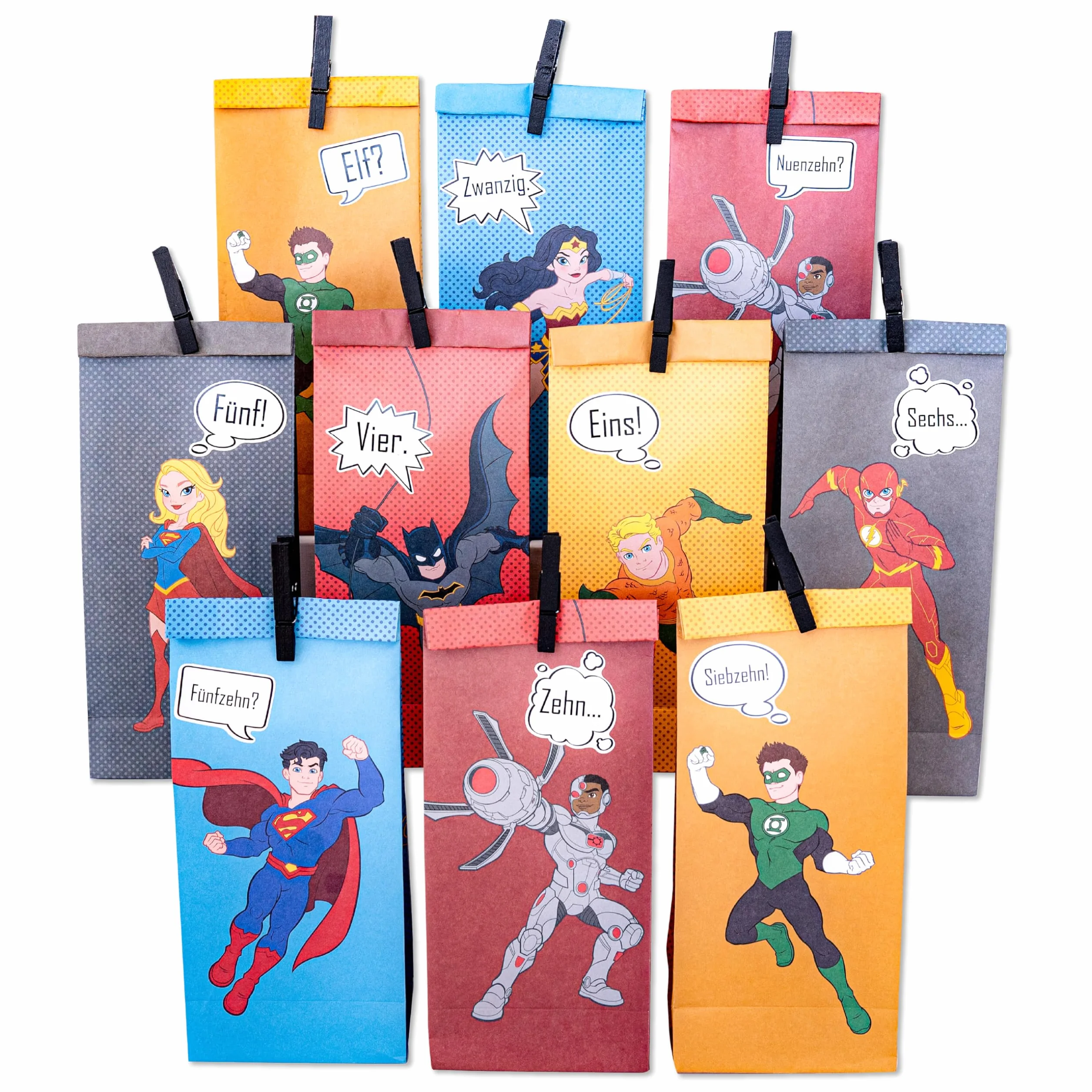 Papierdrachen Kalendarz adwentowy 2025 DC Justice League 8 wzorów zestaw zrób to sam 24 papierowe torebki naklejki drewniane klamerki
