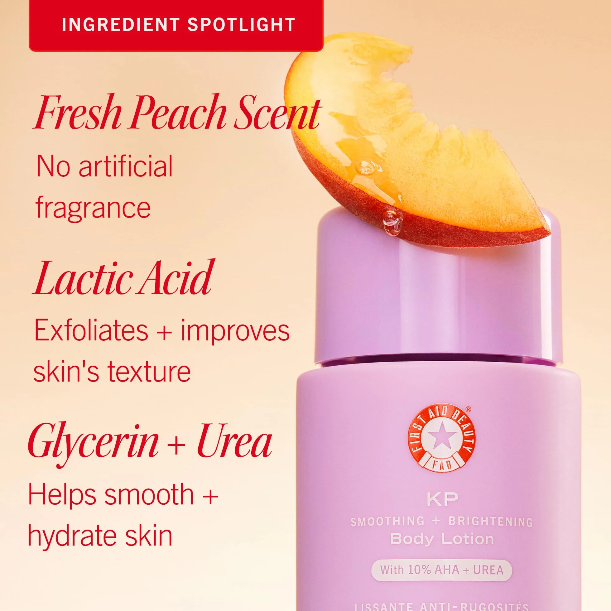 First Aid Beauty – Balsam do ciała KP z 10% AHA, kwasem mlekowym, mocznikiem i owsianką koloidalną, złuszcza, nawilża, usuwa grudki KP, nowy zapach brzoskwiniowy, 190 g
