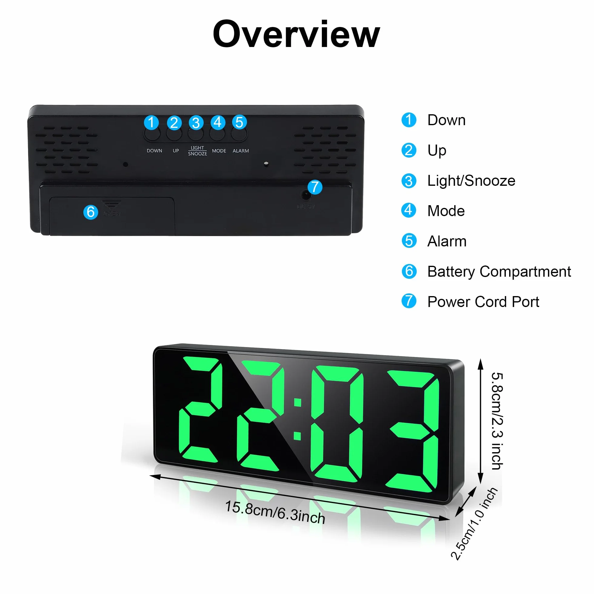 Lafocuse Cyfrowy budzik LED z dużym wyświetlaczem 17,8 cm, drzemka, zasilanie Type-C/bateryjne, regulowana jasność, data, temperatura
