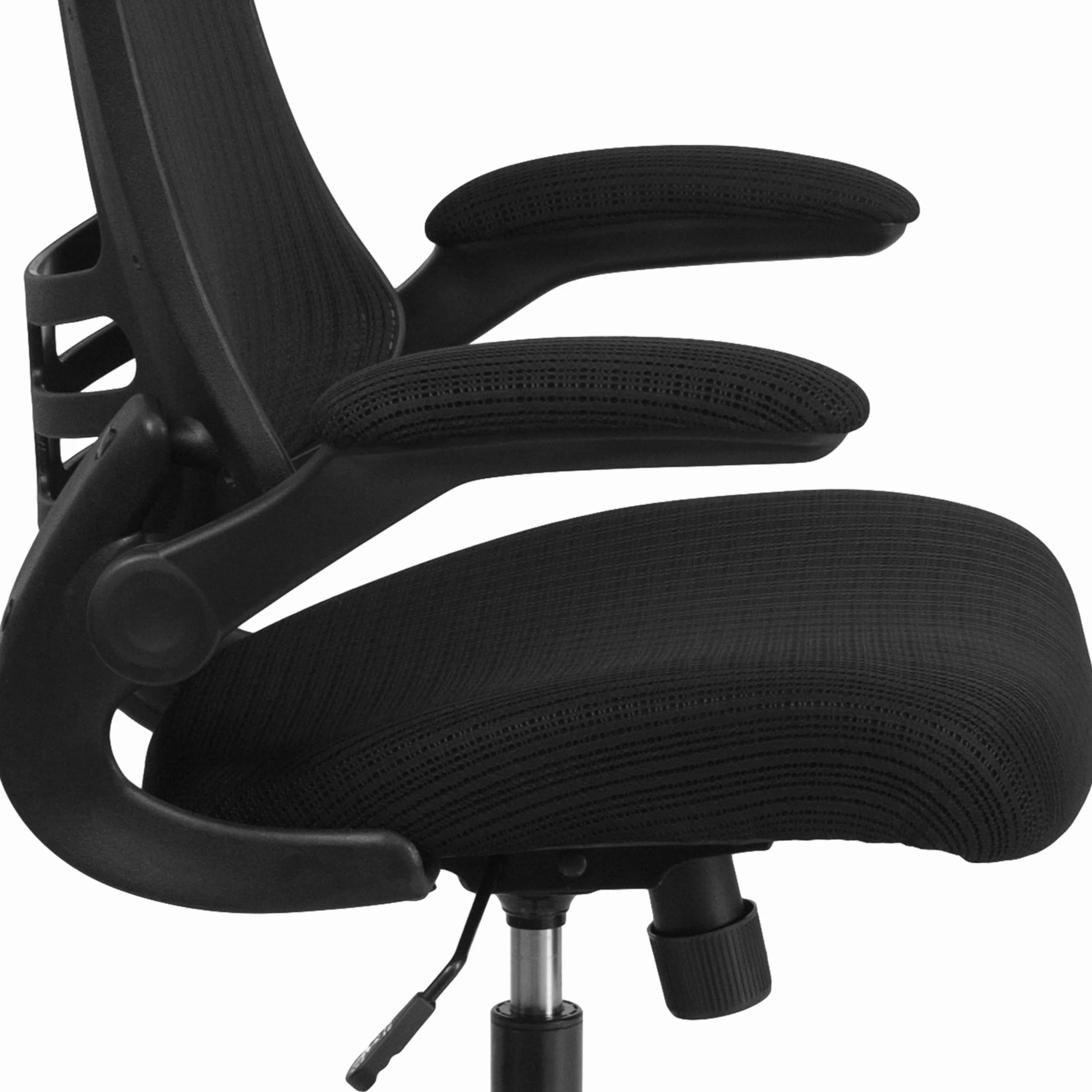 Ergonomiczne, obrotowe krzesło biurowe z wysokim oparciem z siatki, podnoszonymi podłokietnikami i regulowanym zagłówkiem (czarne)