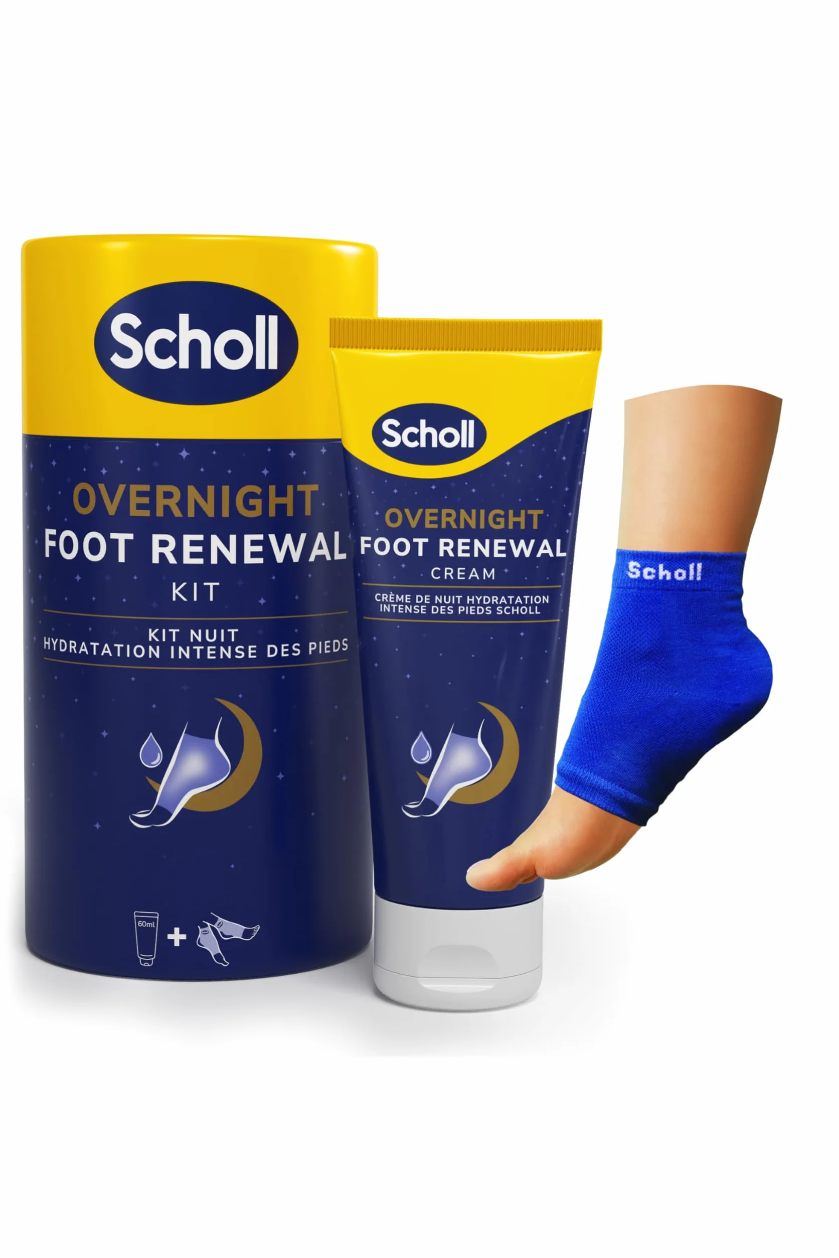 Scholl Zestaw do odnowy na noc, krem do pielęgnacji stóp, 60 ml, żelowe rękawy na piętę wielokrotnego użytku, 1 para – nawilżają suche stopy, widoczne rezultaty w ciągu 1 nocy, zawiera 5% mocznika i