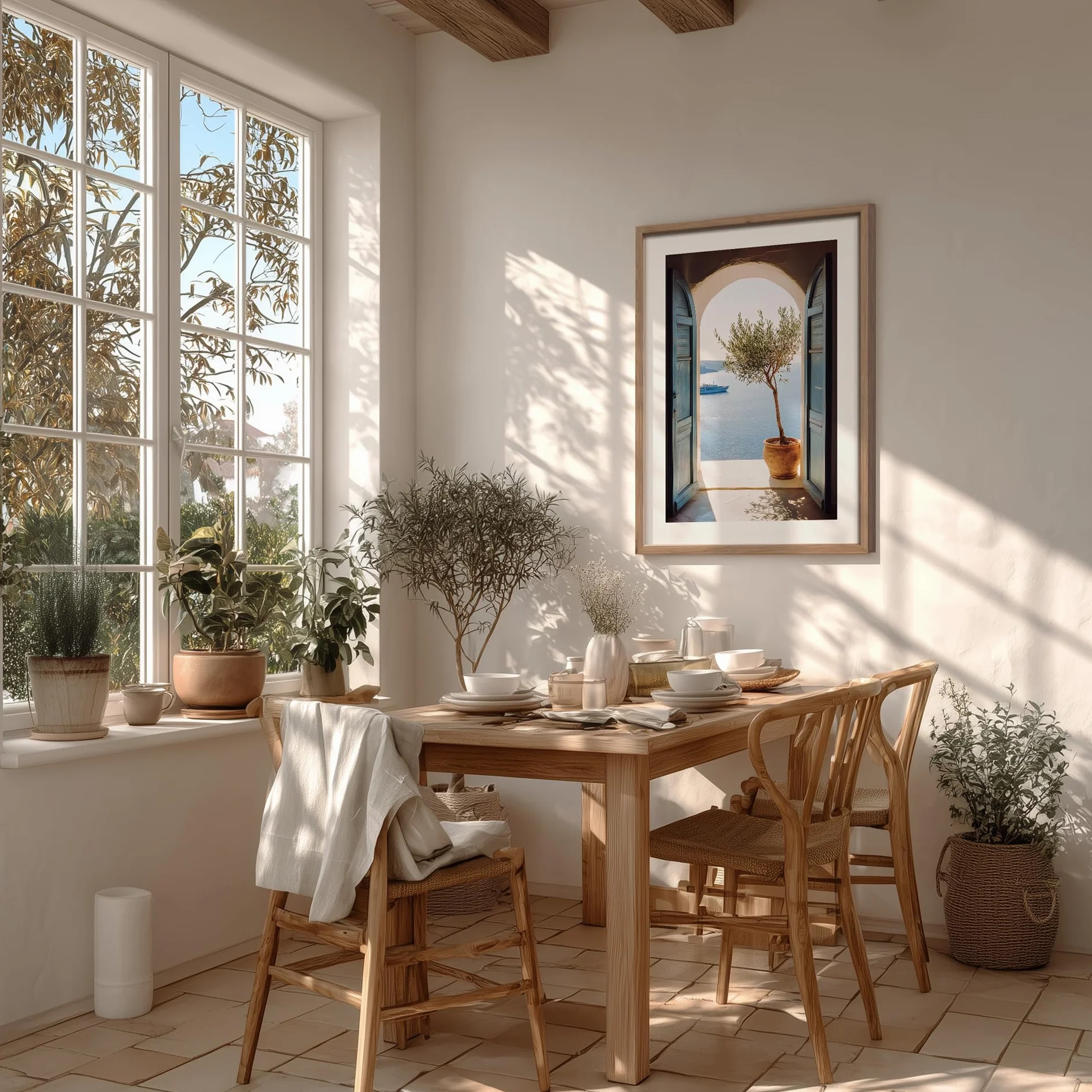 STYLER Obraz Mykonos 50 x 70 cm z drewnianą ramą – śródziemnomorski widok na morze z drzewem oliwnym – styl Santorini obraz ścienny dekoracja kolekcja Terra Verde