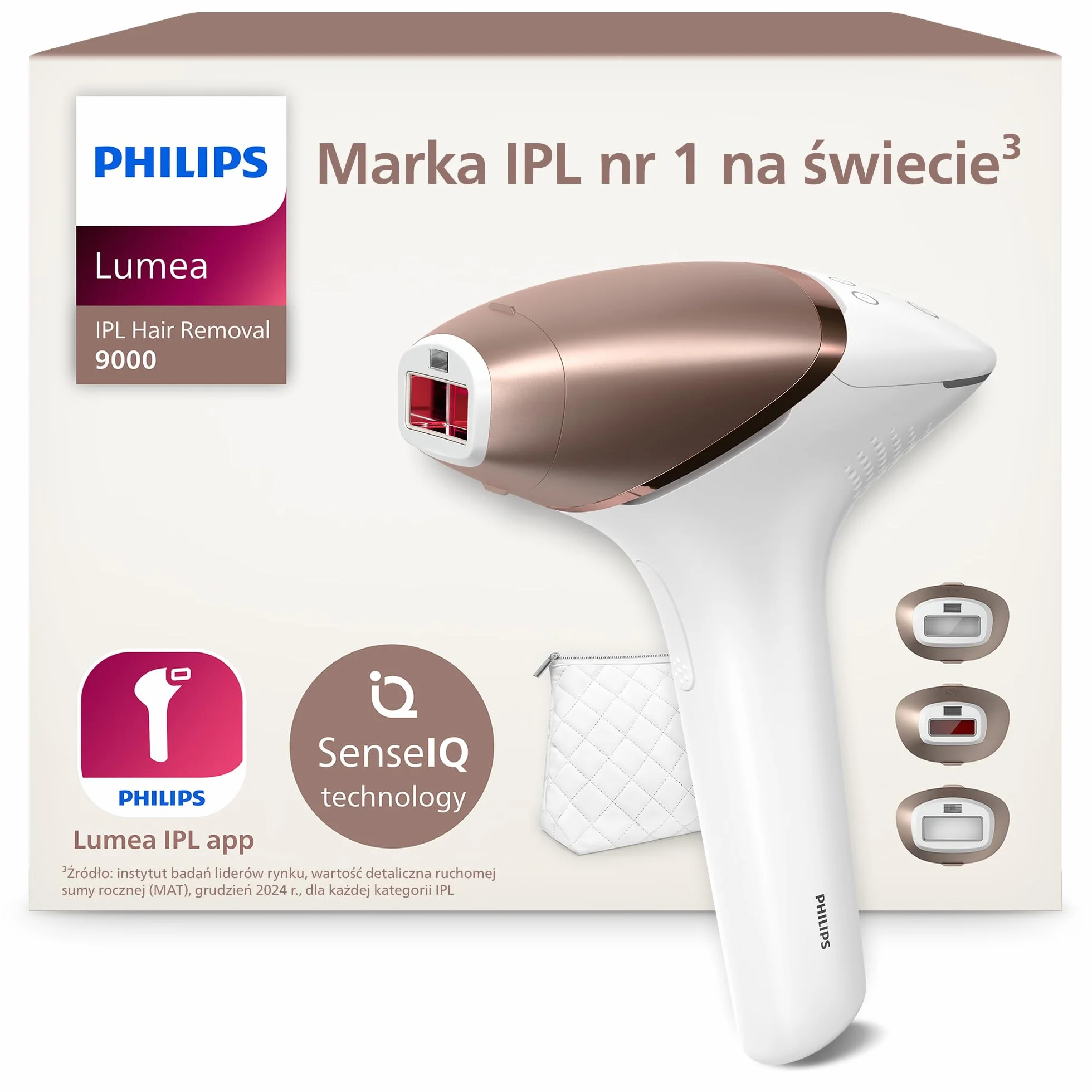Philips Lumea Urządzenie IPL z serii 9000 — urządzenie do usuwania włosów, alternatywa dla laserowego usuwania włosów, technologia SenseIQ, 3 nasadki: do ciała, twarzy i precyzyjna, BRI955/00