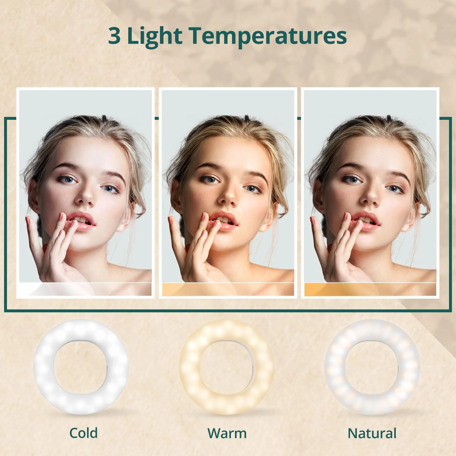 ATUMTEK Selfie Ring Light do Telefonu z 3 Temperaturami światła, Przenośna ładowalna Lampa Pierścieniowa z Klipsem z 48 Diodami LED do Komórkowego, Laptopa, Zoom, Makijażu, Połączeń Wideo, Selfie