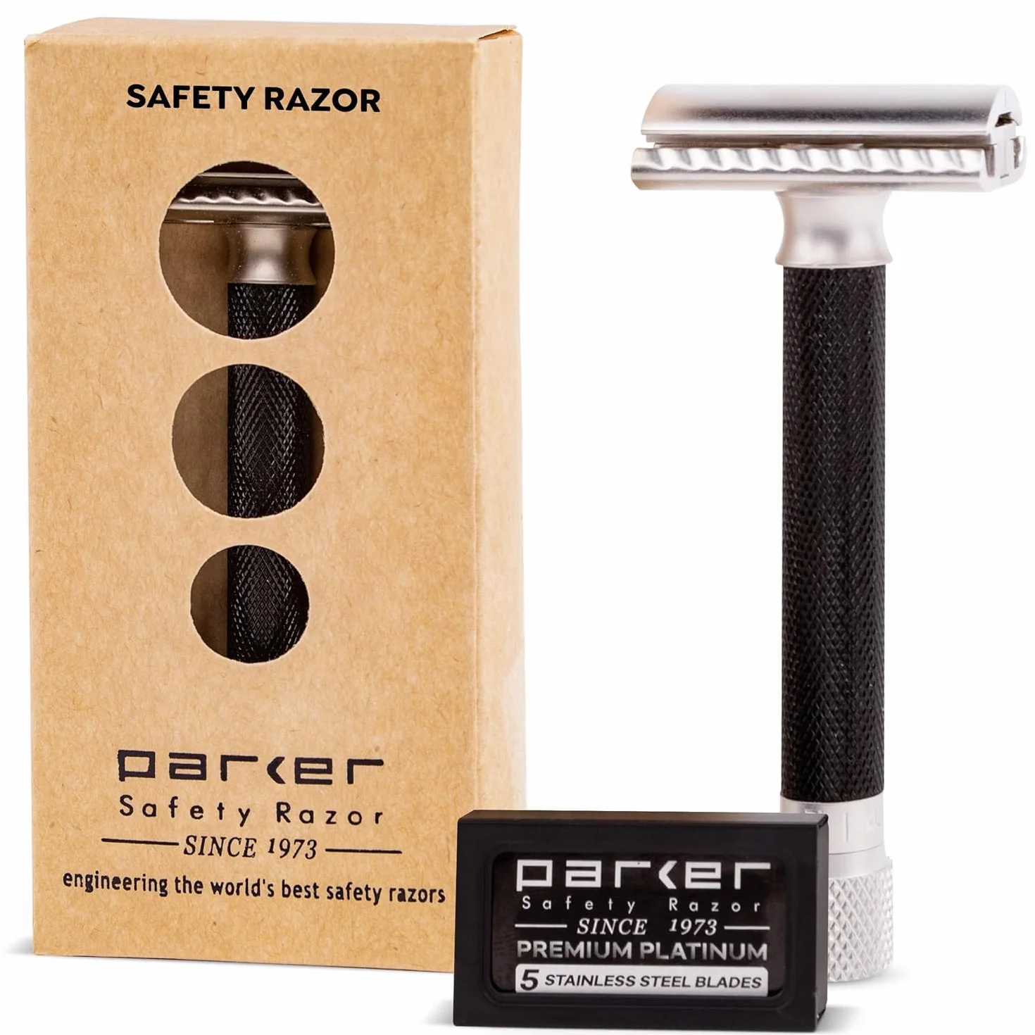 Parker Safety Razor Wariant regulowana dwustronna maszynka do golenia i 5 ostrzy premium - (metaliczna) grafitowa