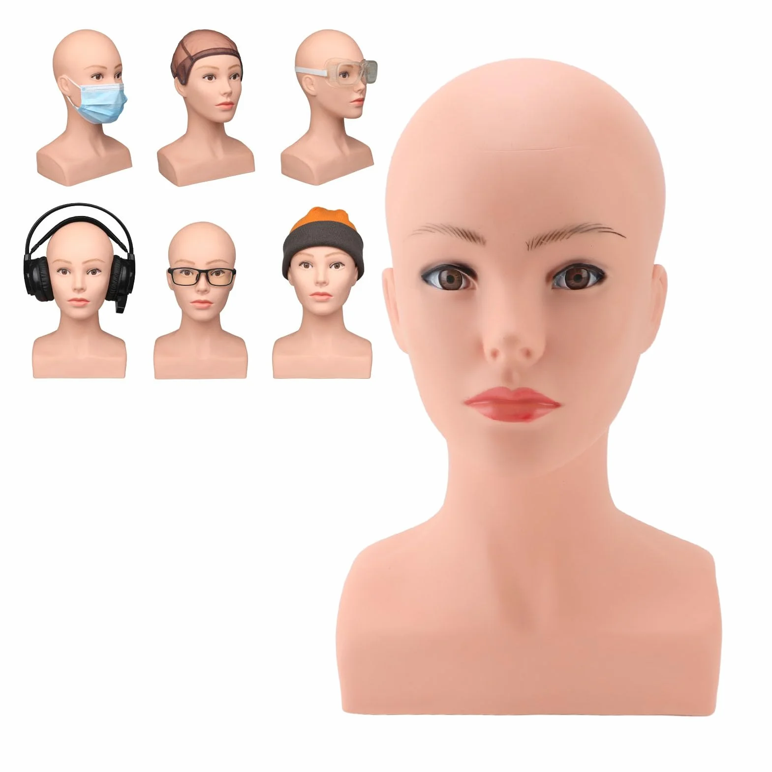 Głowa manekina realistyczna głowa manekina biust peruka stojak na głowę do peruki ekspozycja tworzenie stylizacji, kobieca łysa głowa manekina z ramieniem PVC profesjonalna kosmetologia makijaż twarzy