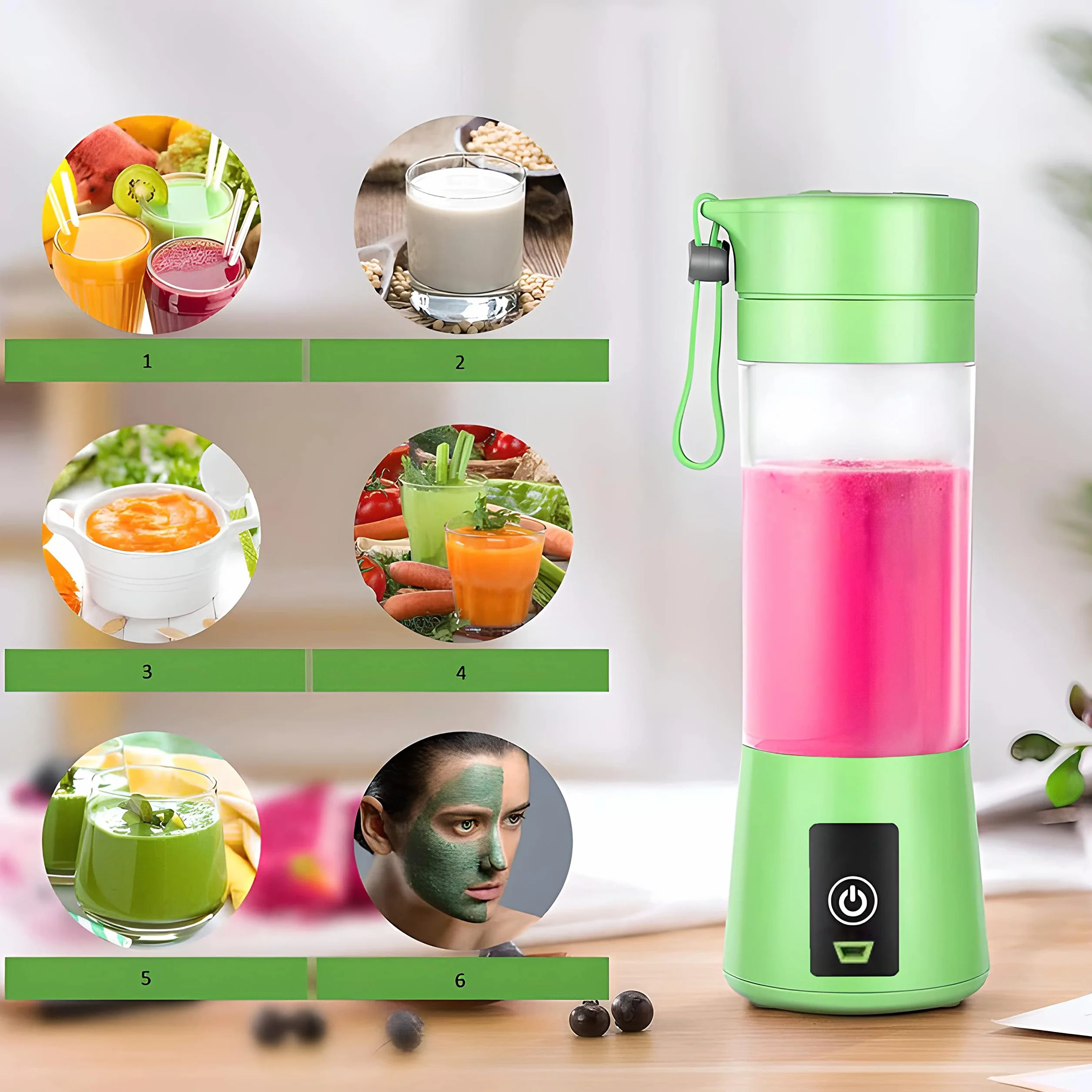 Retoo Przenośny Mikser USB 1500 mAh 380 ml 4 ostrza do smoothie, koktajli, zielony