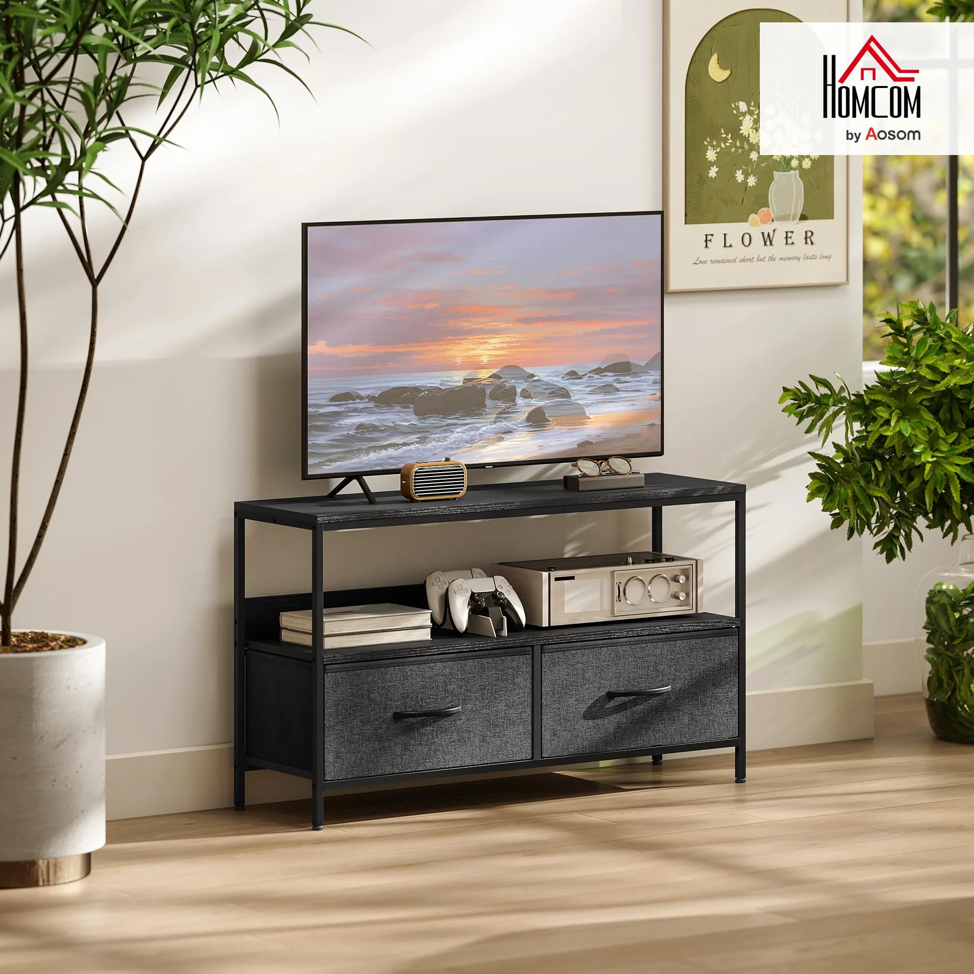 HOMCOM Stolik RTV Lowboard 98 cm z 2 szufladami, otwartą półką, na telewizory do 47 cali, stalowa rama, Czarny+Ciemnoszary