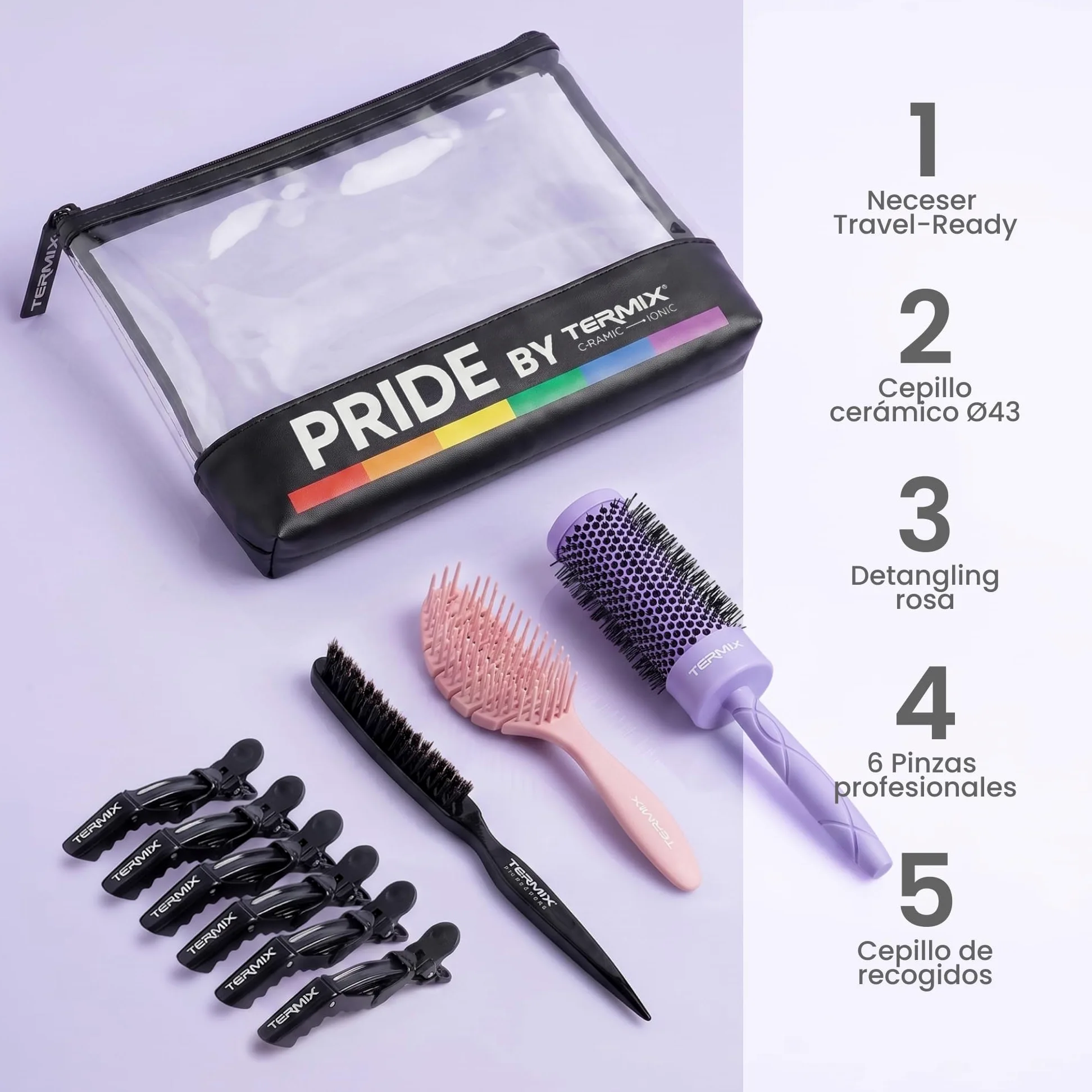 TERMIX - Perfect Look Kit Pride | Zestaw do stylizacji włosów z okrągłą szczotką Ø43, szczotką do rozczesywania, szczotką do zbierania, 6 pęsetami i kosmetyczką | Kształt, ruch, połysk i pełna rutyna