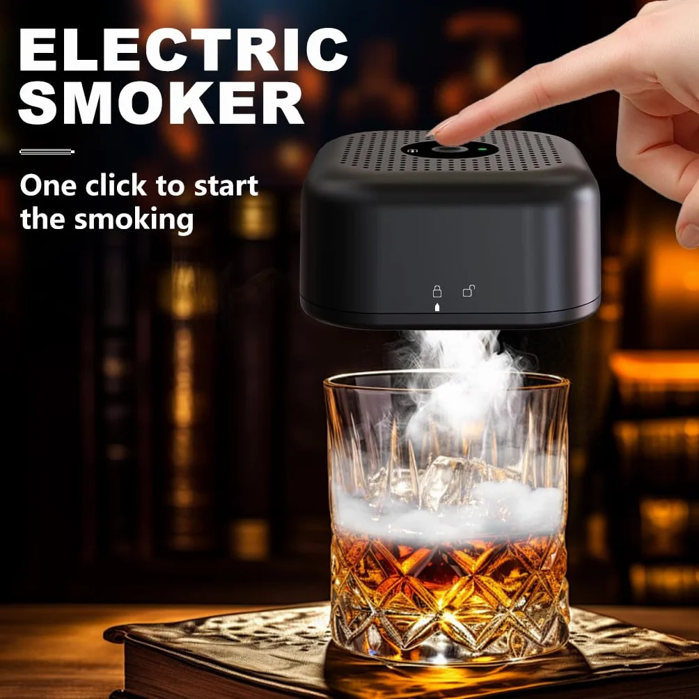 Elektryczny zestaw do wędzarni whisky z 4 drewnianymi wiórami, szklanką do whisky i formą do lodów, zestaw do wielokrotnego ładowania, staromodny dym, prezenty urodzinowe dla mężczyzn, taty, męża