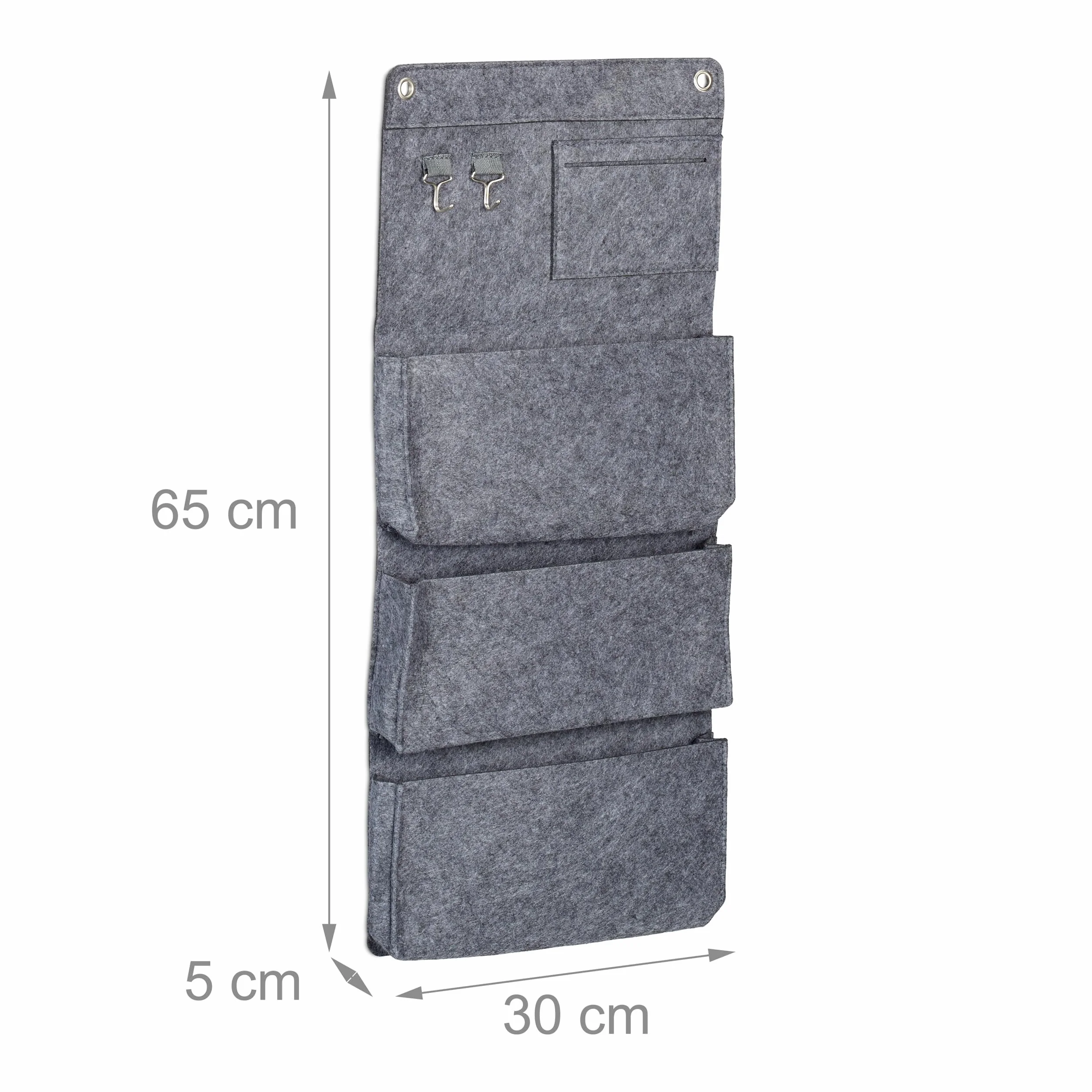 Relaxdays Organizer wiszący, zestaw 2 szt., 4 przegródki, 2 haczyki, wys. x szer.: 65 x 30 cm, łazienka, korytarz, biuro, organizer do zawieszenia, filc, szary