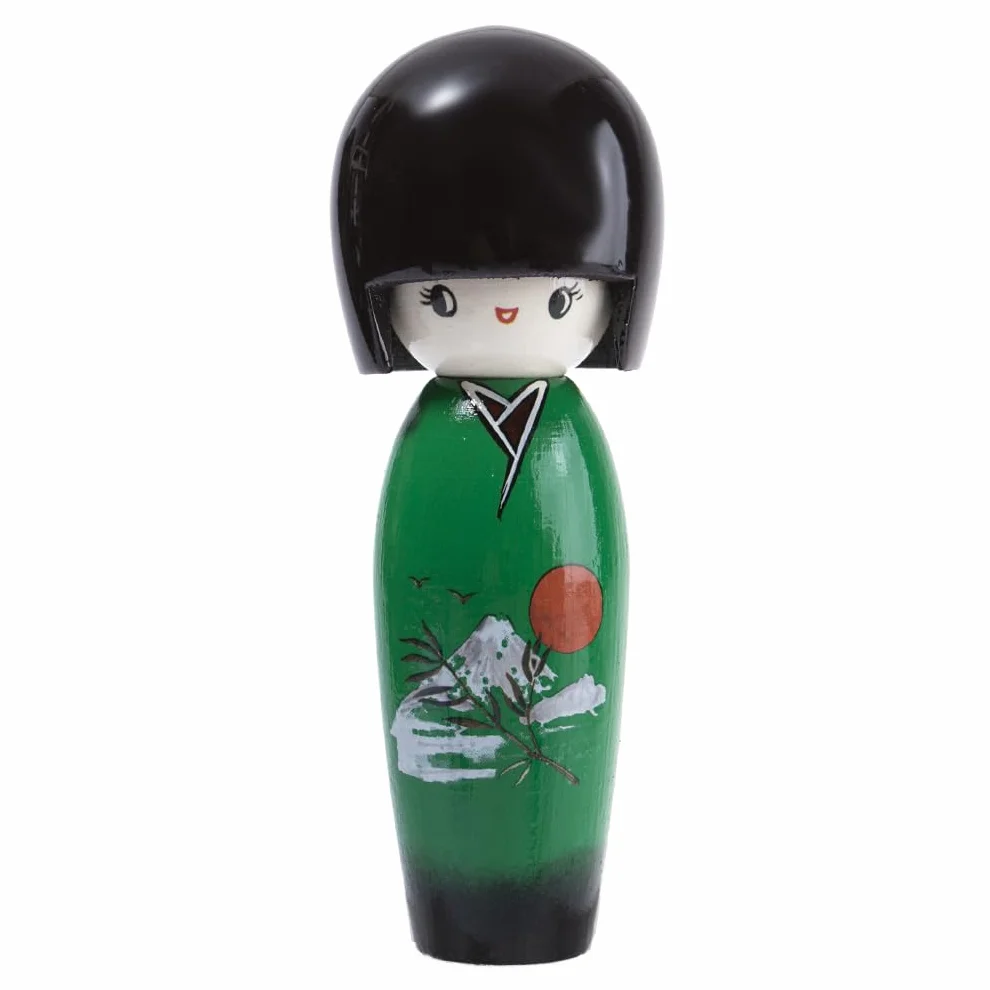 lachineuse - Japońska Zielona Radość Kokeshi 13,5 cm - Japońska drewniana lalka z kimono Mount Fuji - japońska figurka dekoracyjna - tradycyjna Japonia Kokeshi - Oryginalny pomysł na prezent w Azji