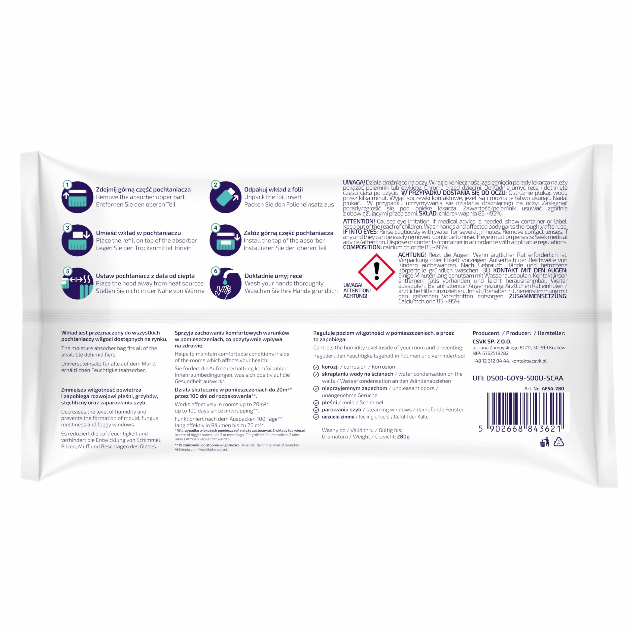 Aquafloow Uniwersalne Wkłady do Pochłaniacza Wilgoci 280 g 20 m² Zapobiega Pleśni