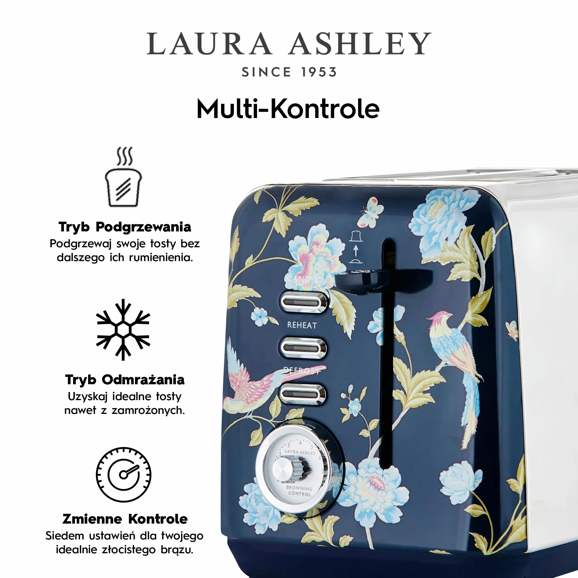 Laura Ashley Toster 2 Kromki z Regulowanym Trybem Podgrzewania, Rozmrażania i Ponownego Podgrzewania Elveden Navy
