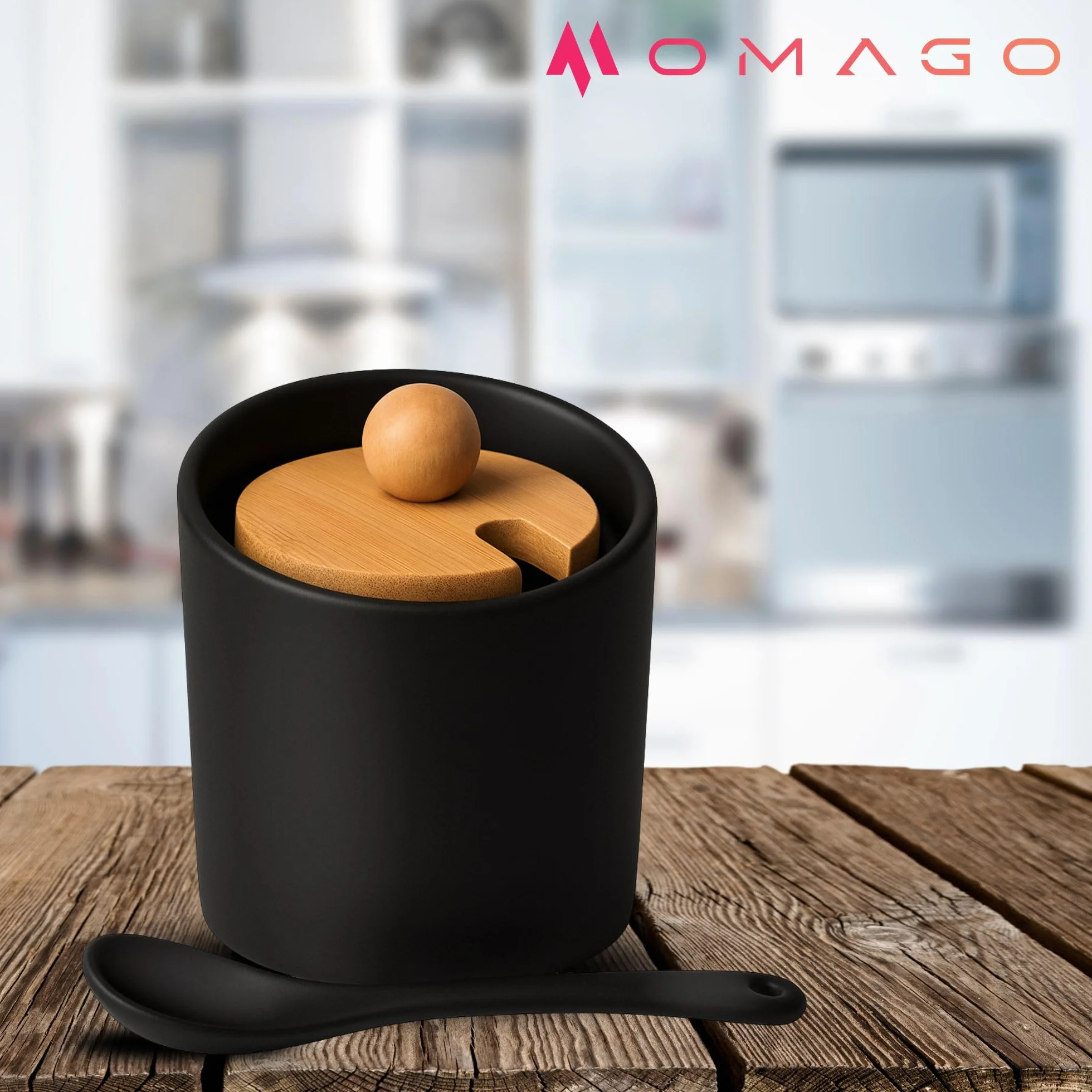 OMAGO® Cukiernica czarna bambus ceramina z łyżeczką