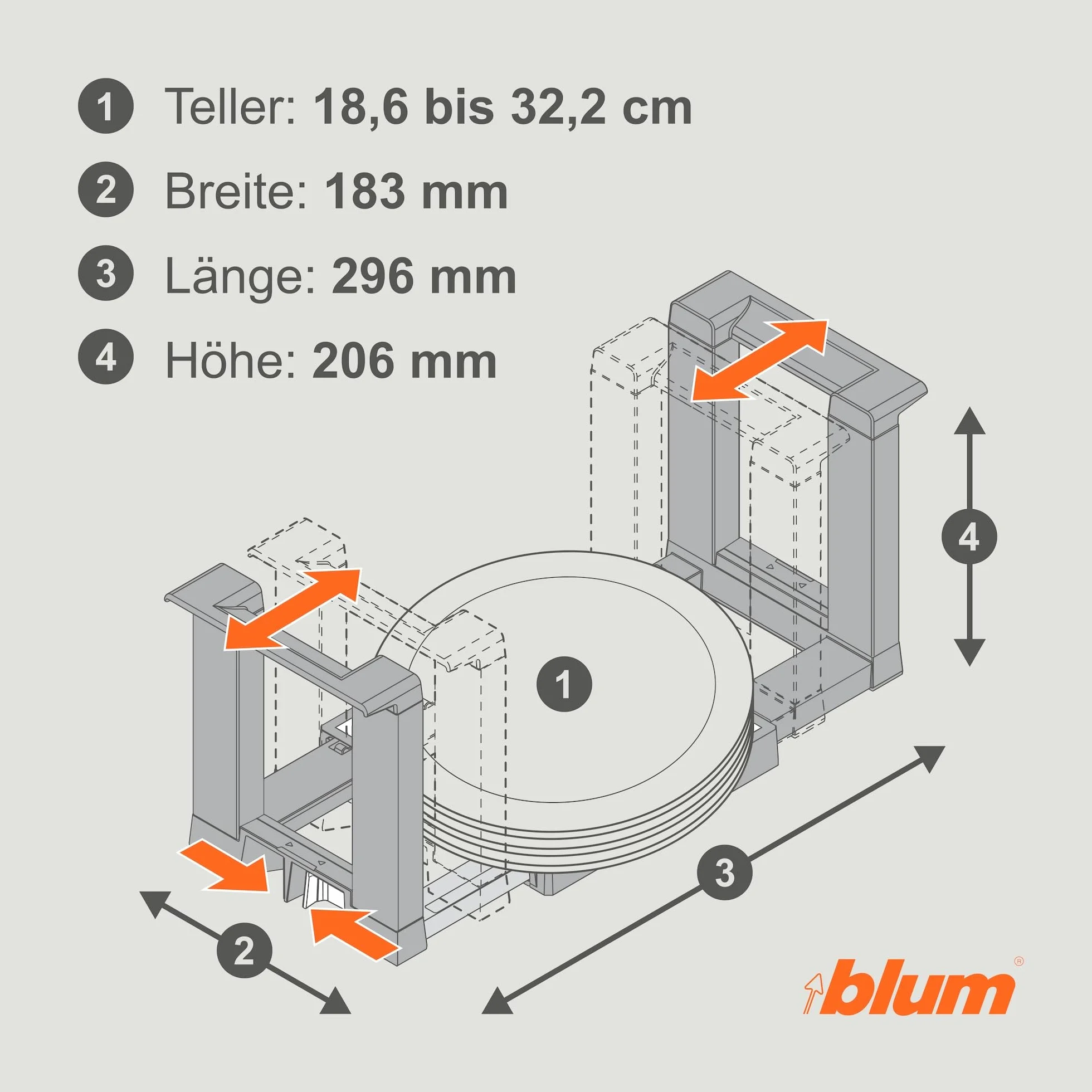 Blum AMBIA-LINE uchwyt na talerze, do 12 talerzy, szary Orion, matowy, z tworzywa sztucznego/stali nierdzewnej, regulowany, antypoślizgowy, organizer kuchenny