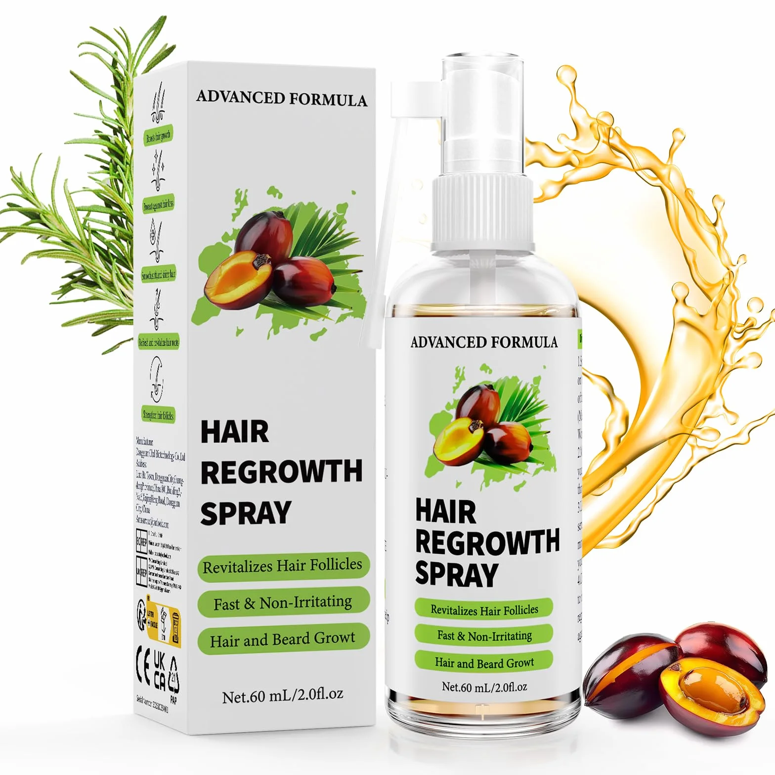 Spray na Porost Włosów z Olejkiem Rozmarynowym, Serum dla Kobiet i Mężczyzn, Wspomaga Pielęgnację przy Wypadaniu Włosów, z Olejem Batana i Rycynowym, Biotyna dla Gęstszych i Mocniejszych Włosów,60 ml