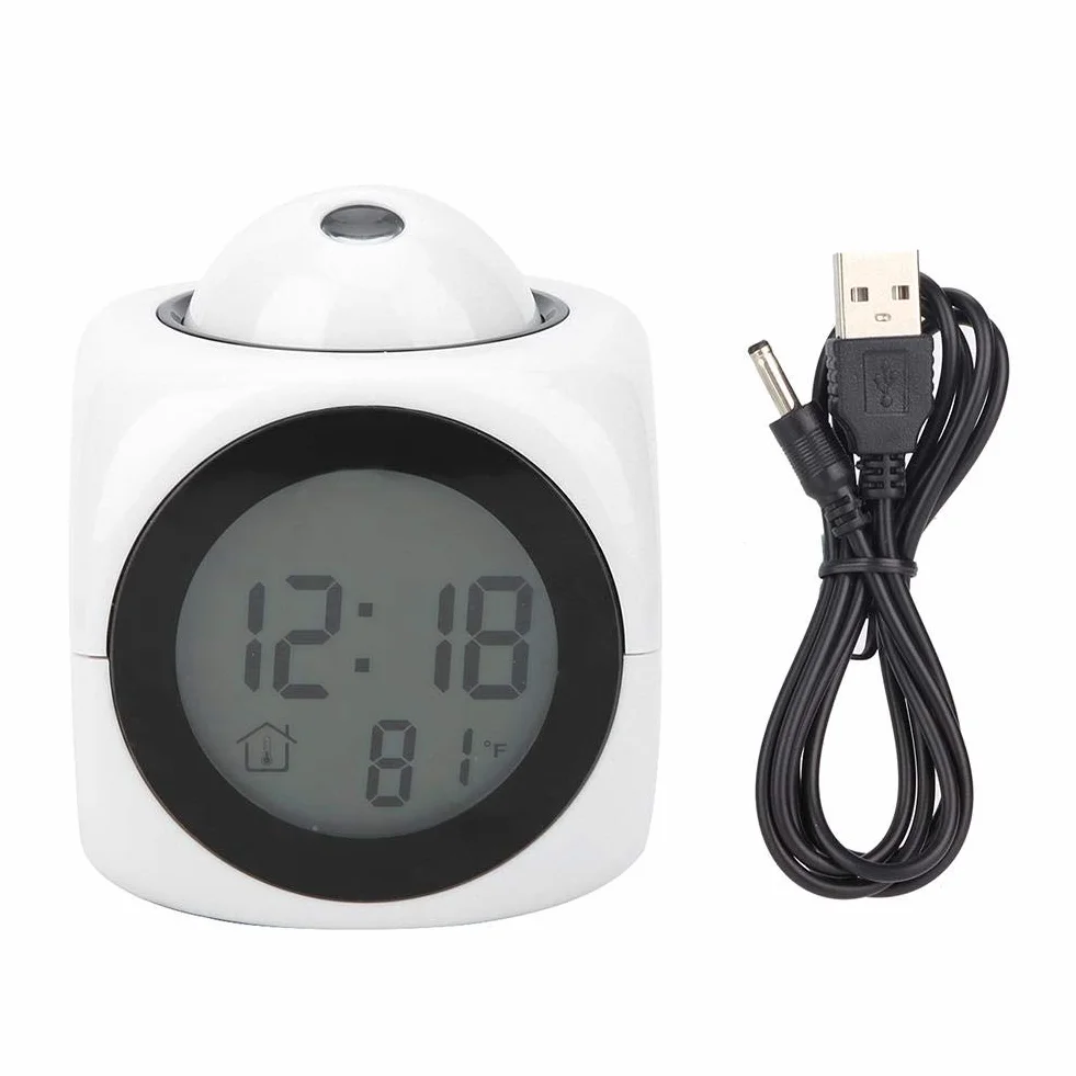 Ymiko Nowoczesny budzik z projektorem cyfrowym LED, mini wielofunkcyjny wyświetlacz temperatury, zegar projekcyjny mówiący głosowo, 12/24 godziny, przełączany wystrój domu (biały USB)