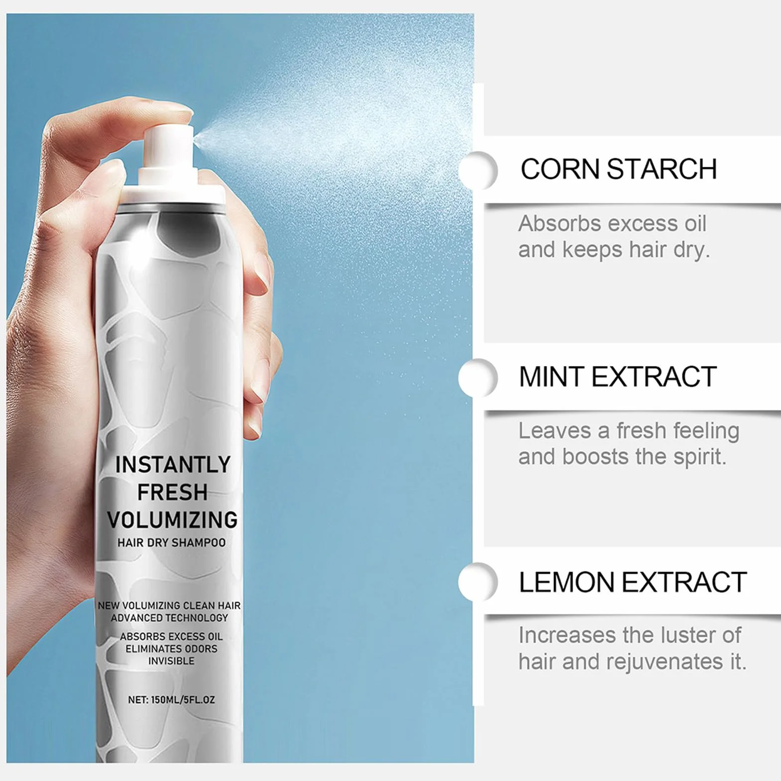 Volumizing Dry Shampoo w sprayu, odświeżający i nawilżający, suchy szampon, natychmiastowe zagęszczenie włosów, cieńszy szampon do włosów, do uzyskania odświeżającego, 150 ml