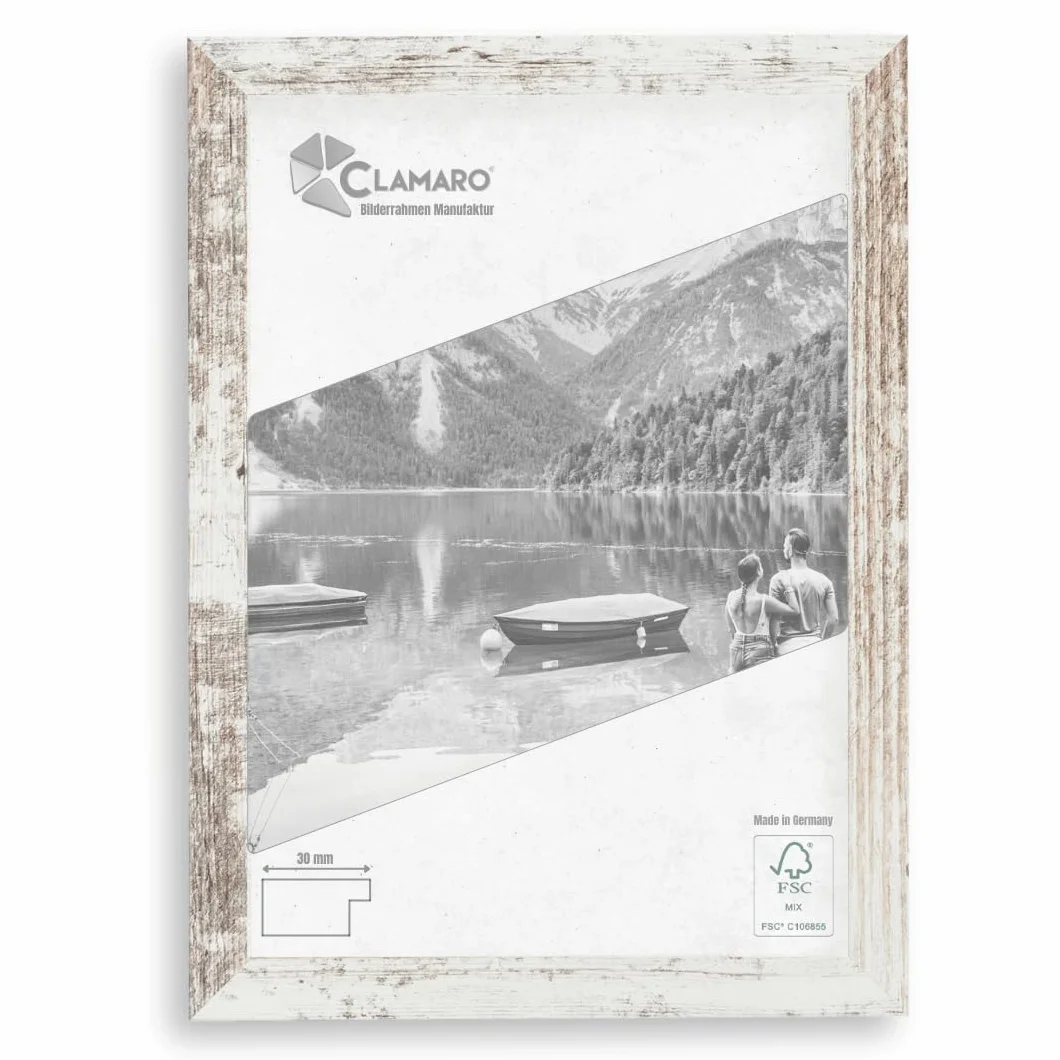 Clamaro 'COLLAGE' rama do obrazu 45x95 wykonana r?cznie na wymiar | Bia?y Vintage | nowoczesna prostok?tna rama do obrazów z p?yty MDF z szybk? ze szk?a akrylowego, ?ciank? tyln? i zawieszk?