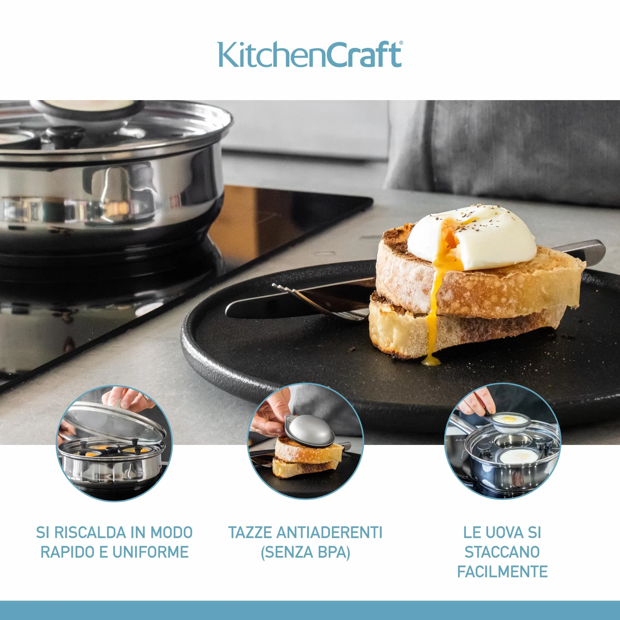 KitchenCraft Patelnia do gotowania jajek z nieprzywierającą powłoką indukcyjną, stal nierdzewna, pasuje do 6 jajek, 26 cm, srebrna