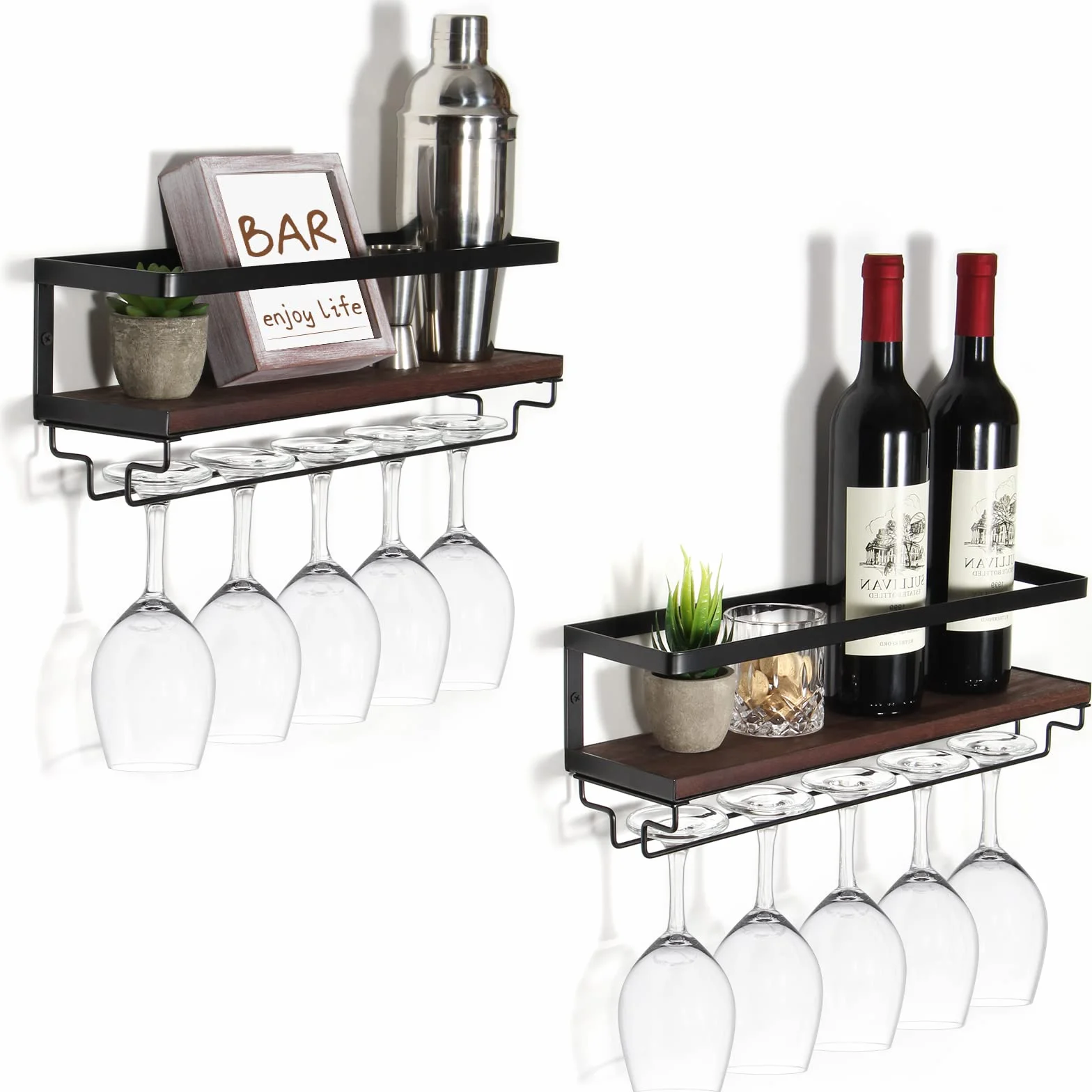 B4Life Regał na Wino Montowany na Ścianie Drewniany Vintage Zestaw 2 Szt. System Stemware