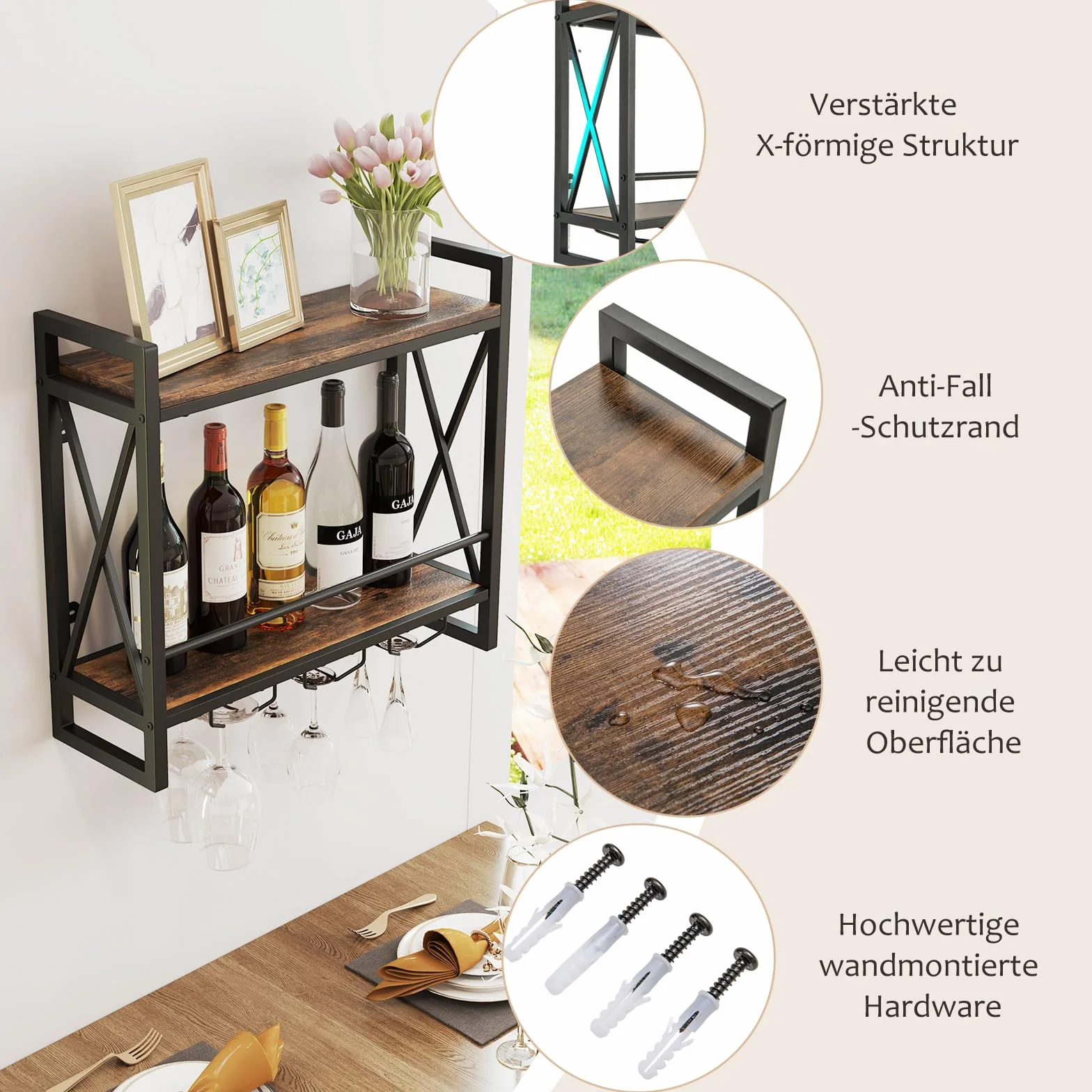 COSTWAY Regał ścienny na wino 2 poziomy metalowa ramka 60 x 20 x 55 cm