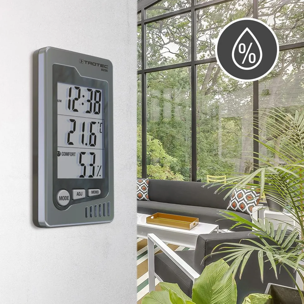 TROTEC BZ05 Termohigrometr wewnętrzny stacja klimatyczna wskazuje temperaturę wilgotność powietrza godzinę i datę