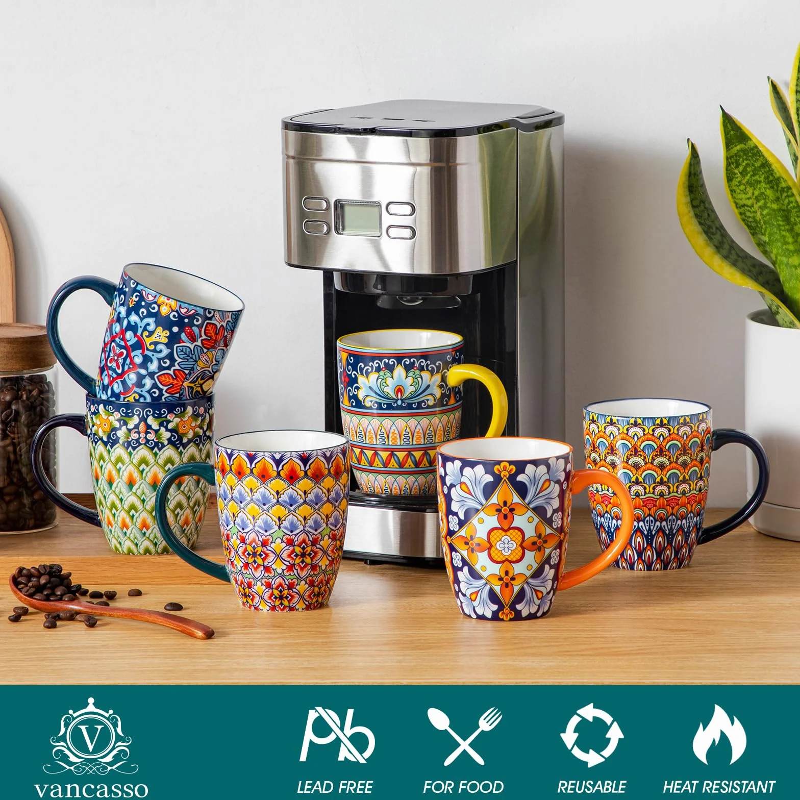 vancasso SIMI Zestaw 6 porcelanowych kubków do kawy, 480 ml, w stylu boho, z uchwytem, nadają się do kuchenki mikrofalowej i zmywarki, nadają się do wszystkich rodzajów napojów