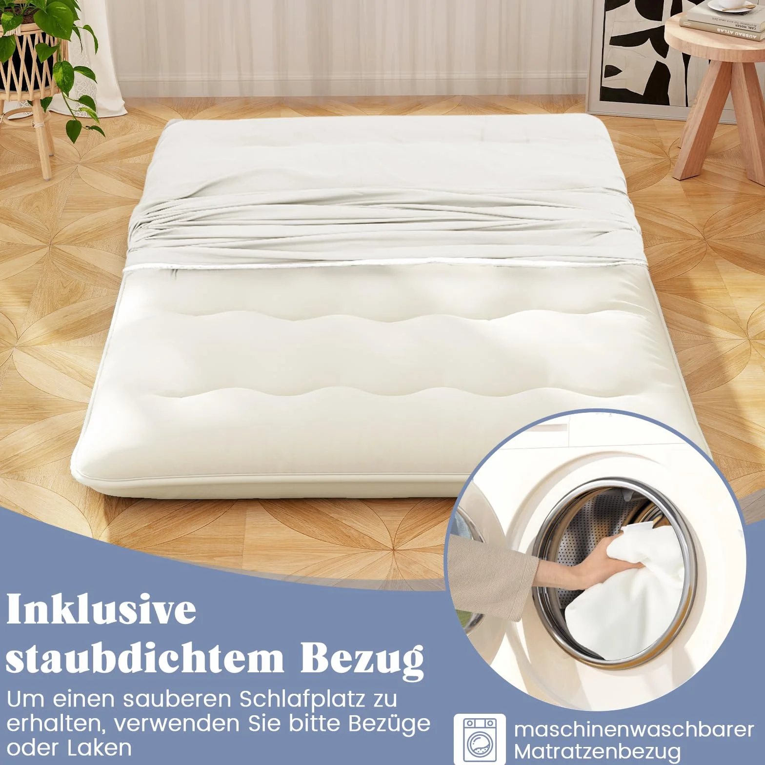 GOPLUS Materac podłogowy tatami futon z pokrowcem do prania, materac tatami z torbą do przenoszenia, materac kempingowy, wyściełany materac do sypialni, salonu i na kemping (beżowy, 200 x 140 cm)