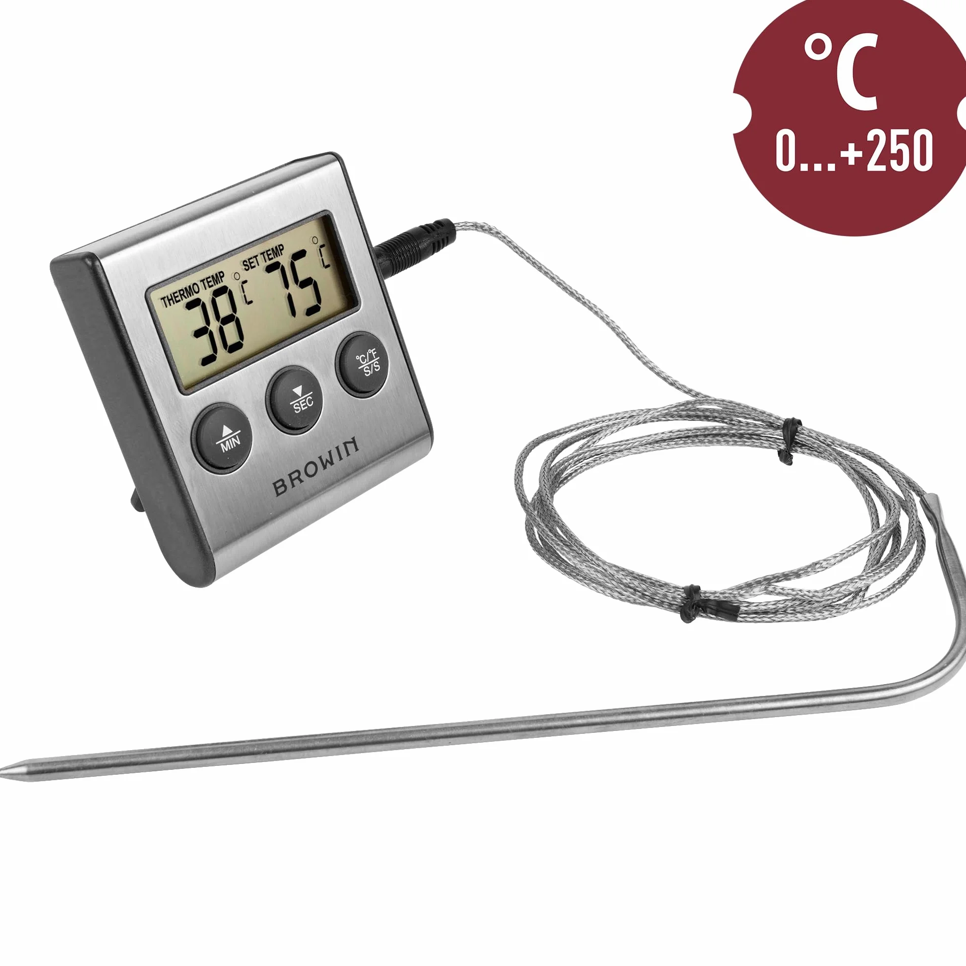Browin Termometr do żywności z sondą ze stali nierdzewnej 1,5 m 0-250°C Timer alarm