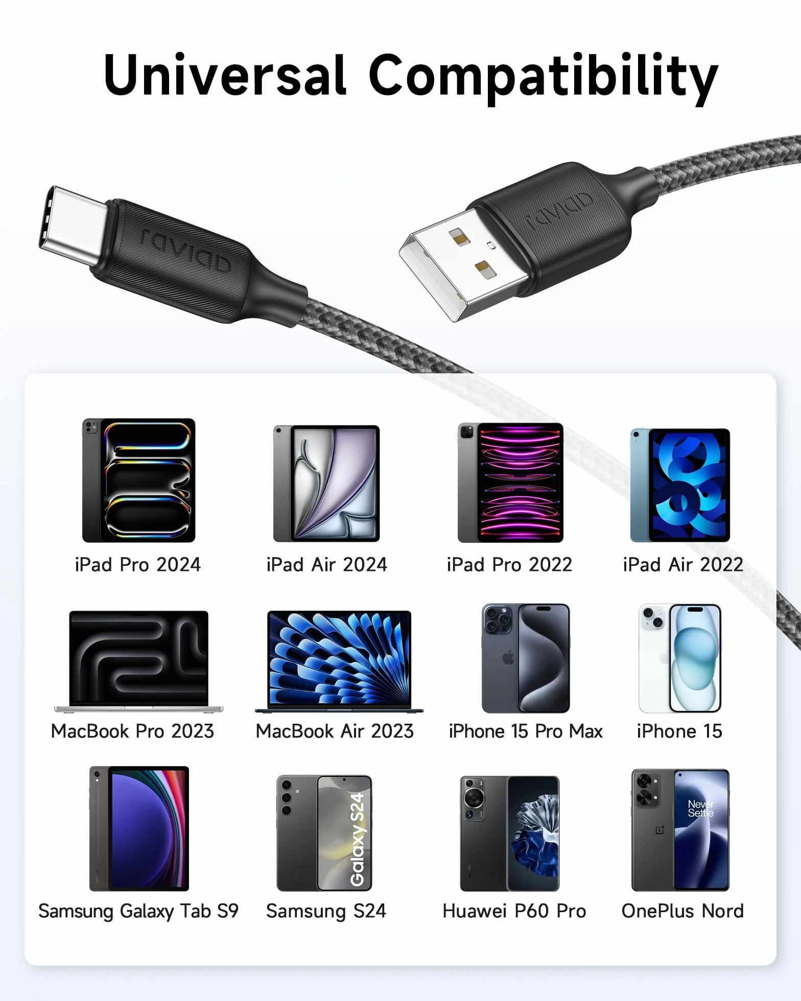 RAVIAD Kabel USB C 2 m szybkie ładowanie 3A nylonowy pleciony kabel typu C kompatybilny z iPhone 15/15 Pro/15 Pro Max, Samsung Galaxy S24/S23/S22/S21/S10, Note 20 10, Google Pixel - czarny