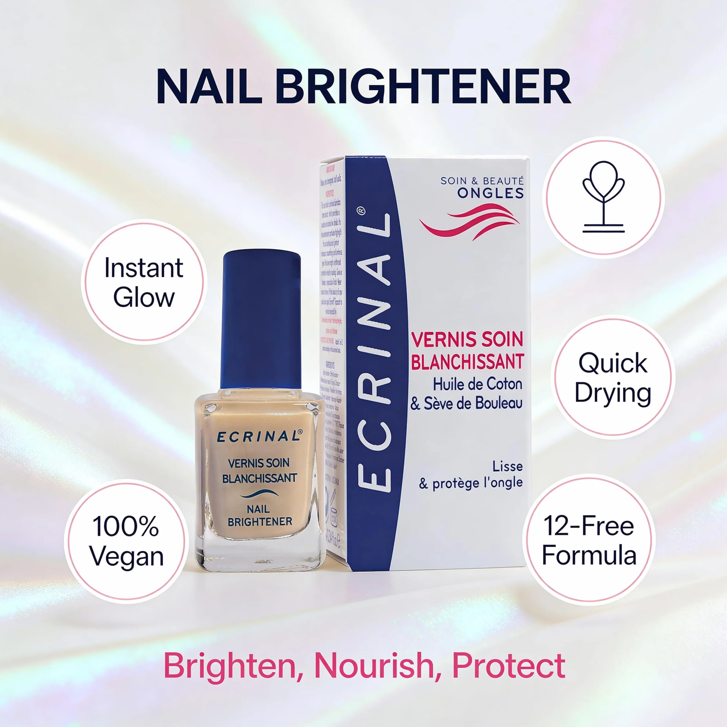 Ecrinal Nail Brightener, rozjaśniający lakier do pielęgnacji, wygładza i chroni paznokcie, 10 ml