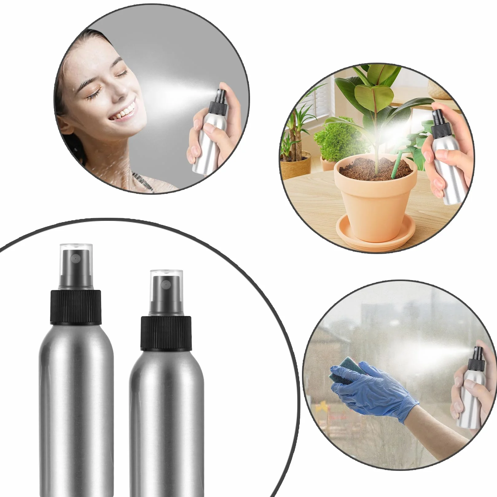5 Sztuk Małych Butelek z Rozpylaczem 50ml, Aluminiowy Atomizer, Puste Butelki z Rozpylaczem do Napełniania, Butelka z Pompką do Kosmetyków Płynów Olejków Eterycznych, z 2 Lejkami, 1 Naklejką